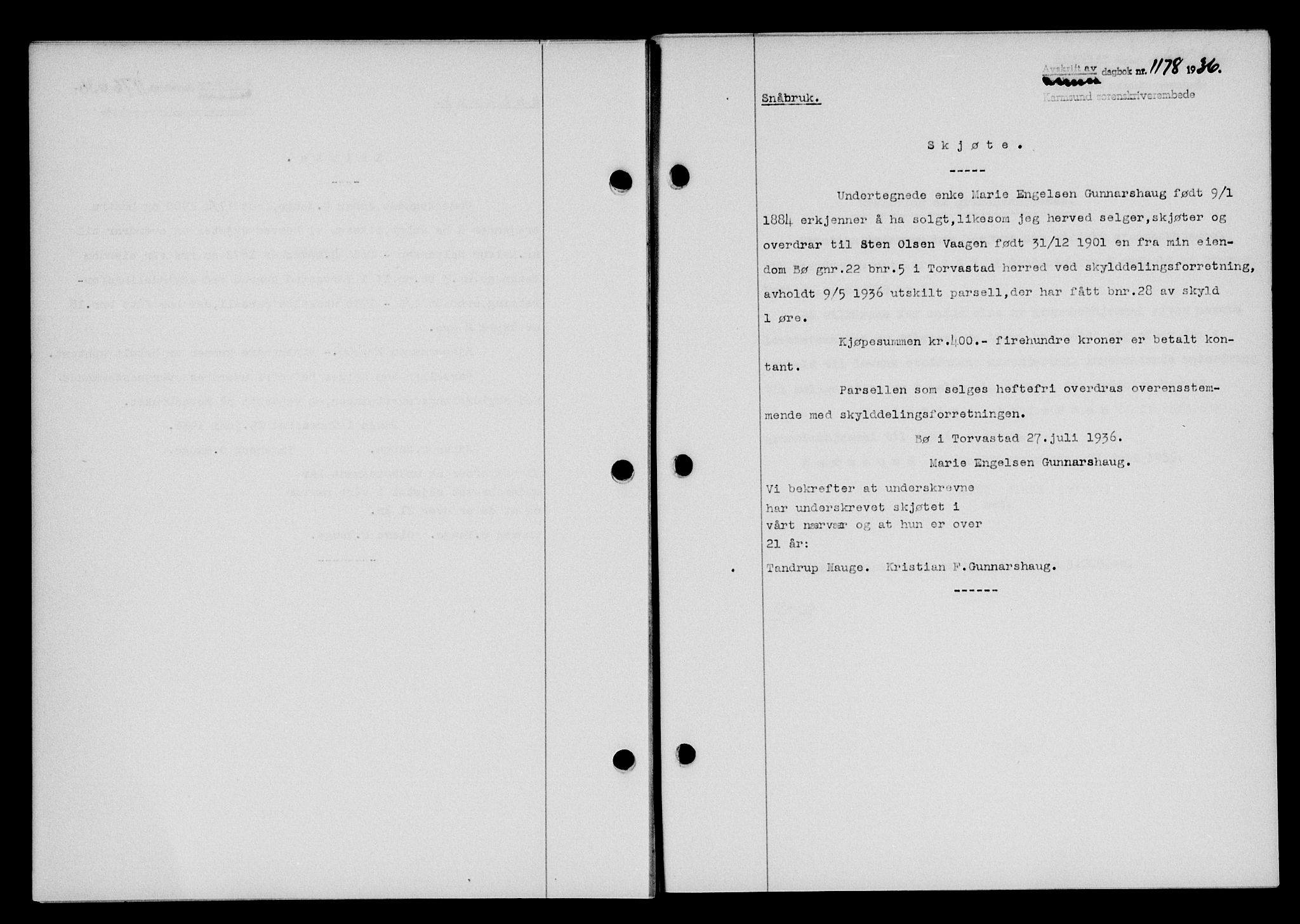 Karmsund sorenskriveri, SAST/A-100311/01/II/IIB/L0066: Pantebok nr. 47A, 1936-1936, Dagboknr: 1178/1936