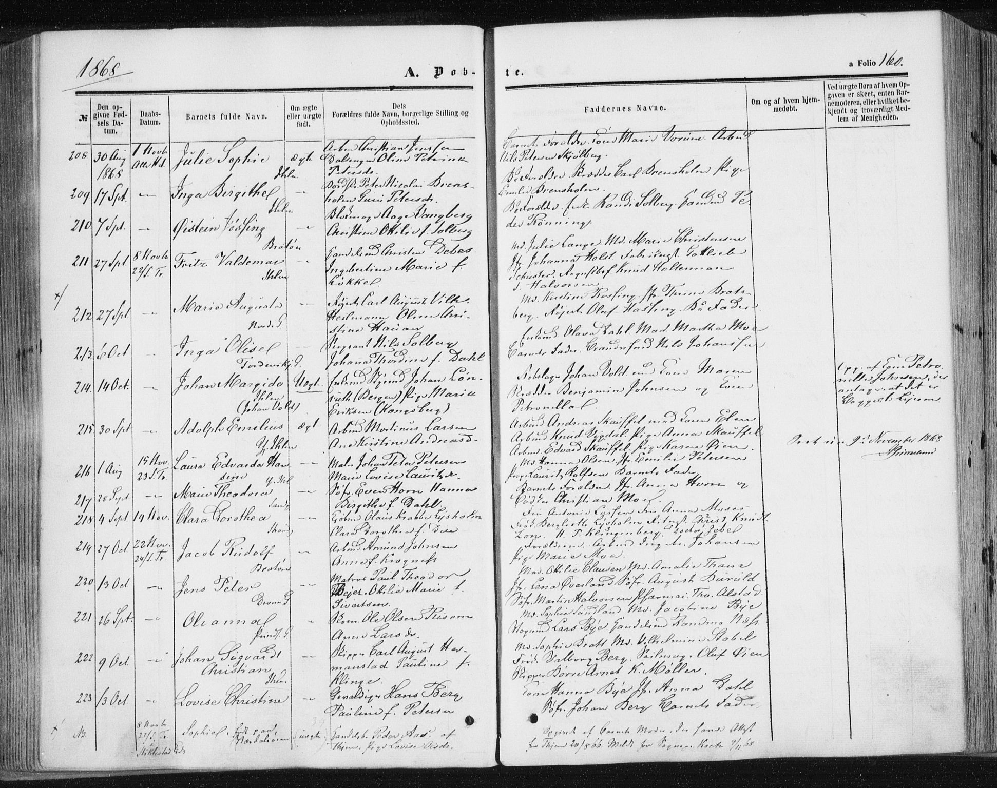 Ministerialprotokoller, klokkerbøker og fødselsregistre - Sør-Trøndelag, SAT/A-1456/602/L0115: Ministerialbok nr. 602A13, 1860-1872, s. 160