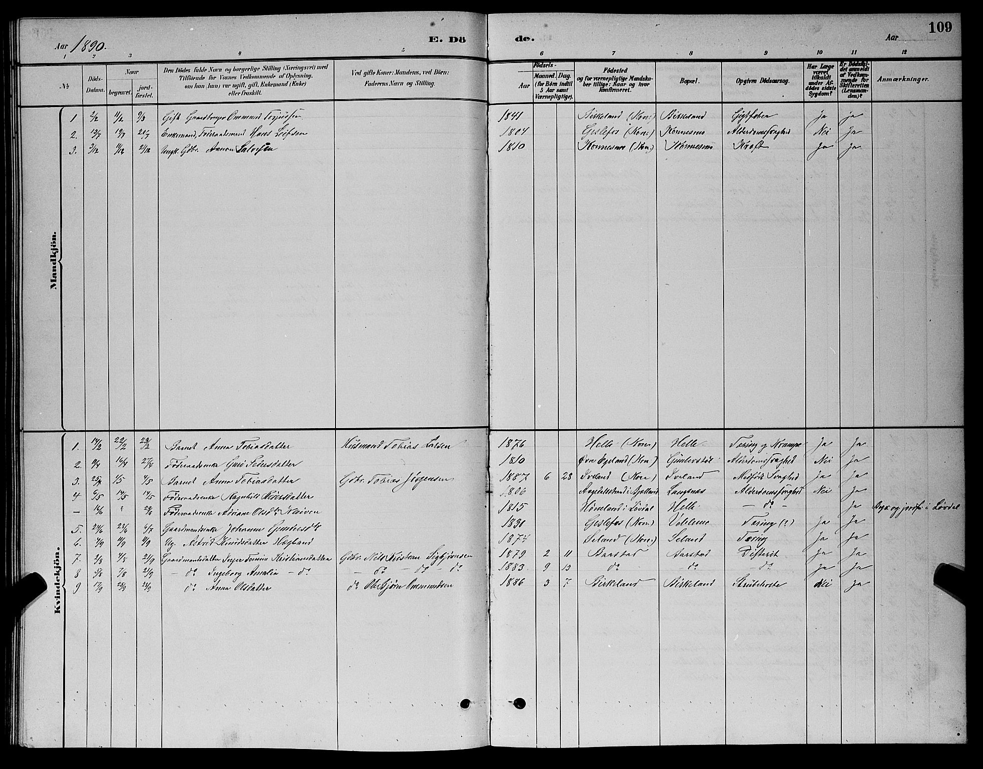 Nord-Audnedal sokneprestkontor, SAK/1111-0032/F/Fb/Fba/L0003: Klokkerbok nr. B 3, 1881-1900, s. 109