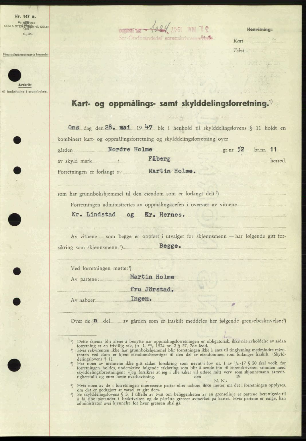 Sør-Gudbrandsdal tingrett, SAH/TING-004/H/Hb/Hbd/L0018: Pantebok nr. A18, 1947-1947, Dagboknr: 1084/1947