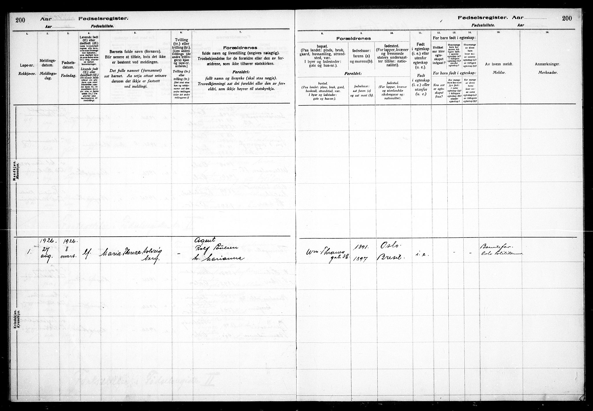 Gamle Aker prestekontor Kirkebøker, AV/SAO-A-10617a/J/L0001: Fødselsregister nr. 1, 1916-1927, s. 200