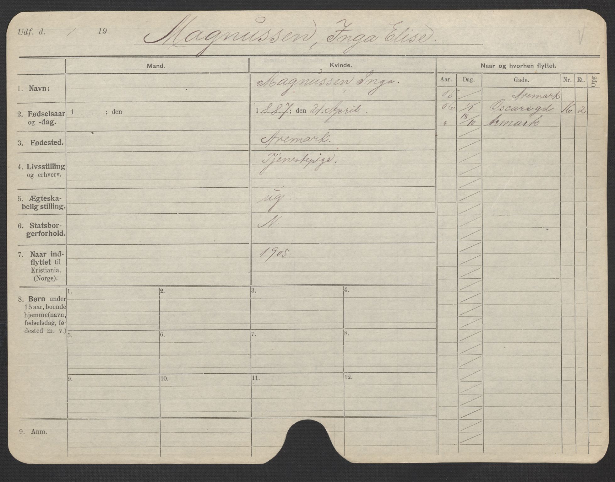 Oslo folkeregister, Registerkort, AV/SAO-A-11715/F/Fa/Fac/L0020: Kvinner, 1906-1914, s. 522a