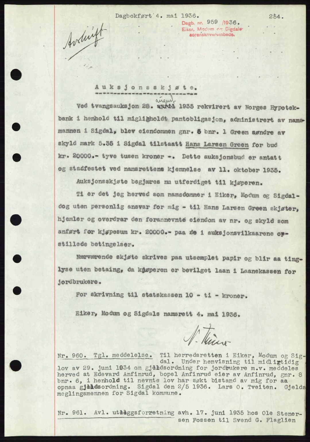 Eiker, Modum og Sigdal sorenskriveri, SAKO/A-123/G/Ga/Gab/L0032: Pantebok nr. A2, 1936-1936, Dagboknr: 959/1936