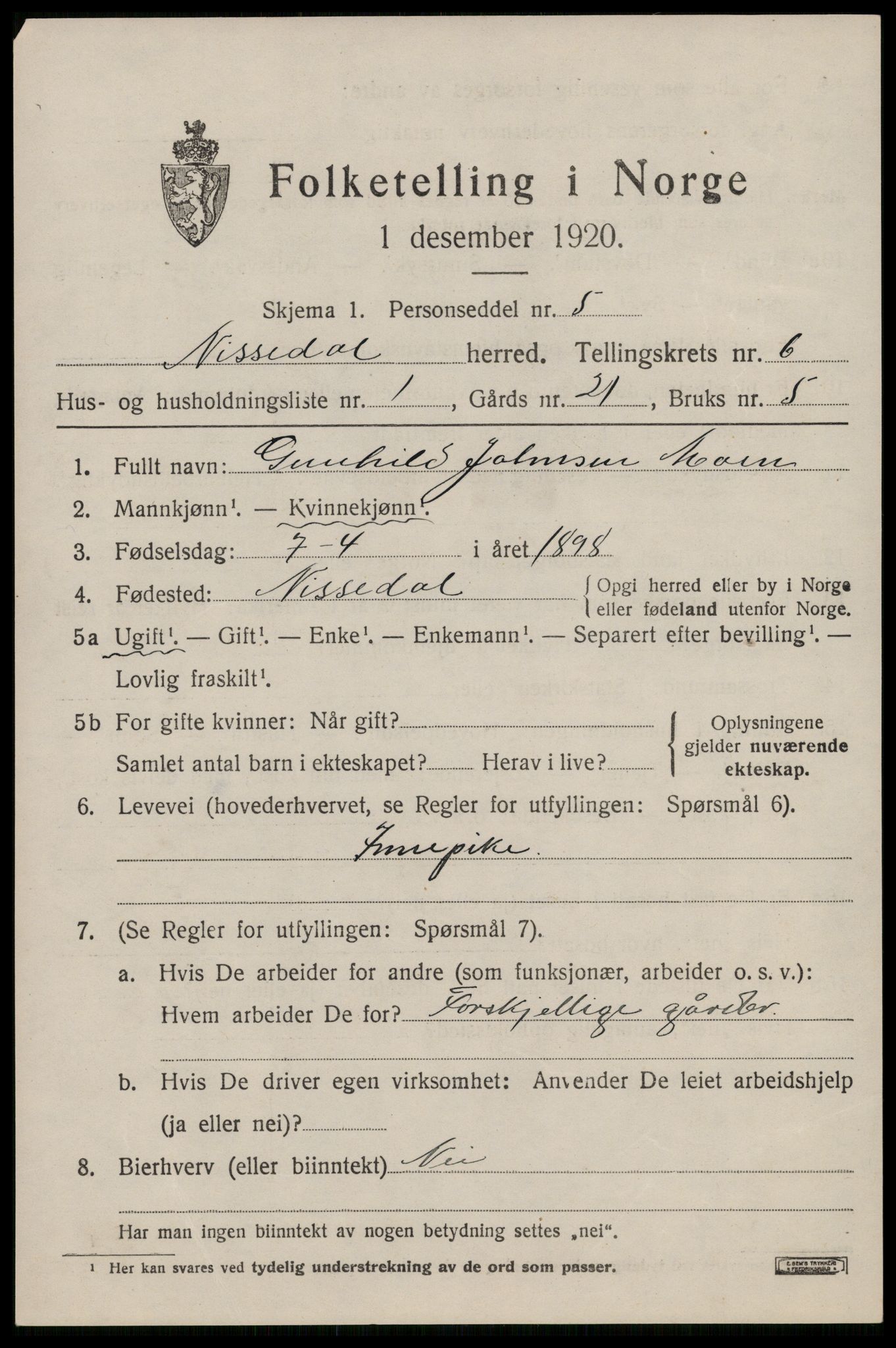 SAKO, Folketelling 1920 for 0830 Nissedal herred, 1920, s. 2279