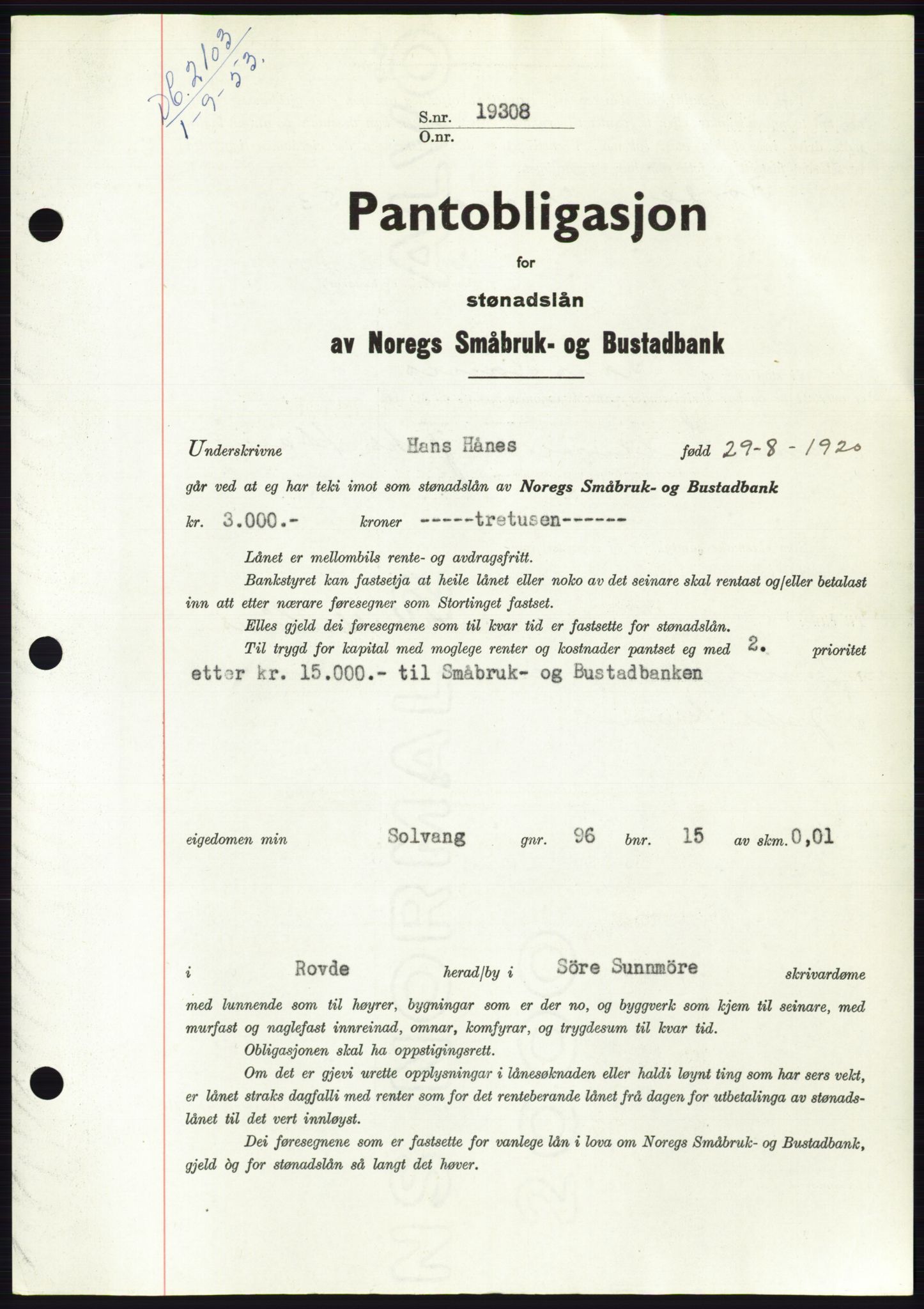 Søre Sunnmøre sorenskriveri, SAT/A-4122/1/2/2C/L0123: Pantebok nr. 11B, 1953-1953, Dagboknr: 2103/1953
