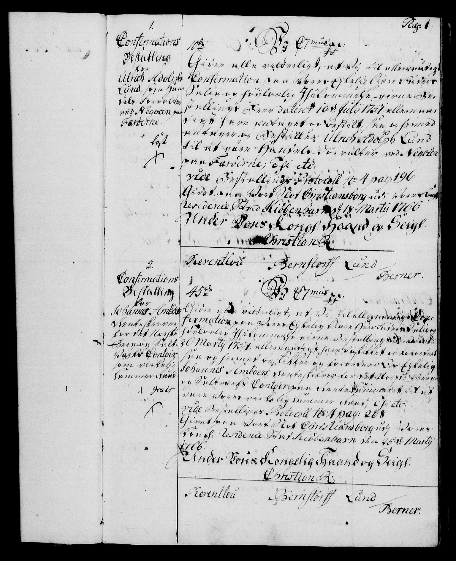 Rentekammeret, Kammerkanselliet, AV/RA-EA-3111/G/Gg/Ggg/L0003: Norsk konfirmasjonsbestallingsprotokoll med register (merket RK 53.33), 1766-1772, s. 1