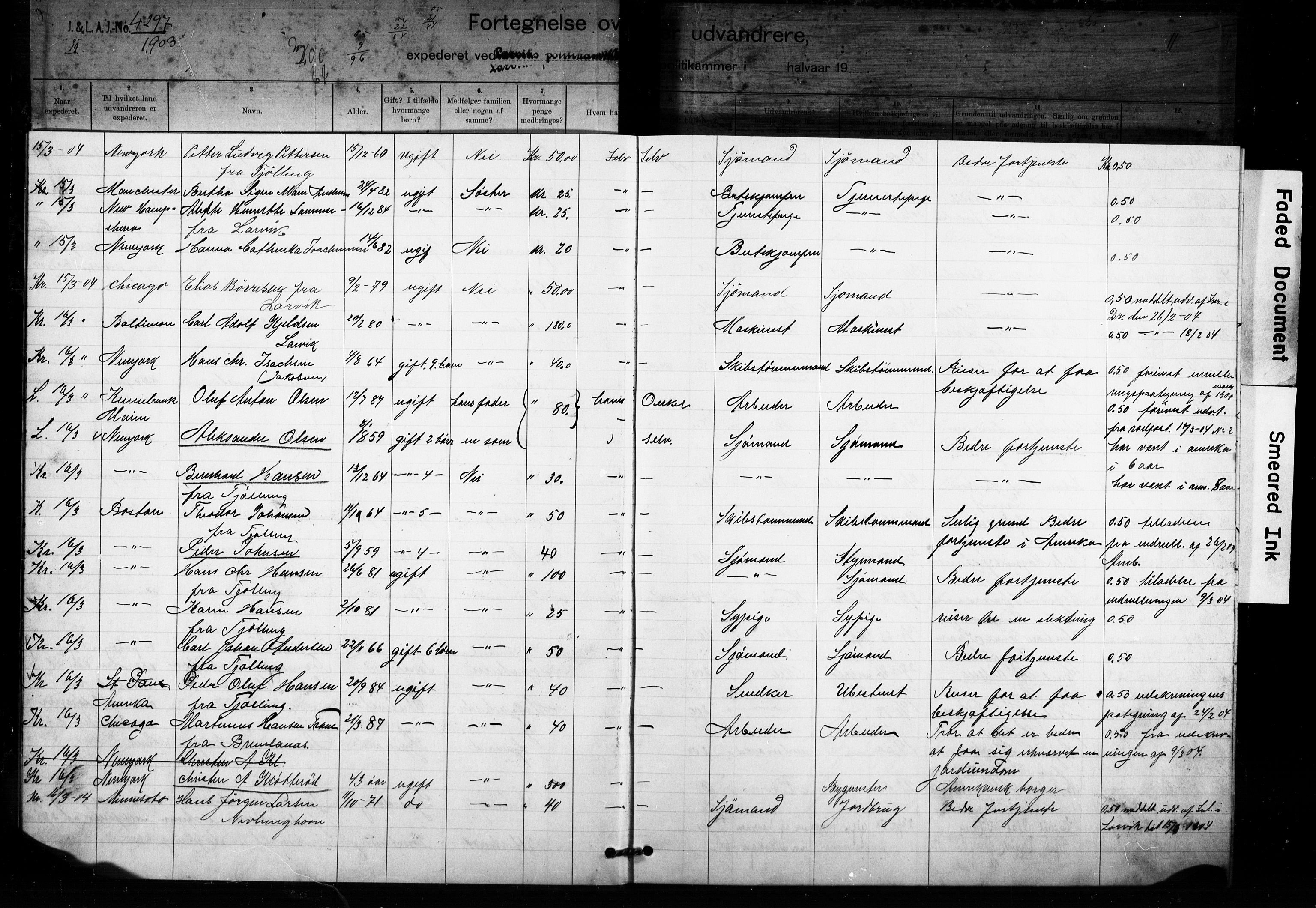 Larvik politikammer, AV/SAKO-A-738/I/Ia/Iaa/L0002: Reisekontroll. Emigrantprotokoll, 1903-1909
