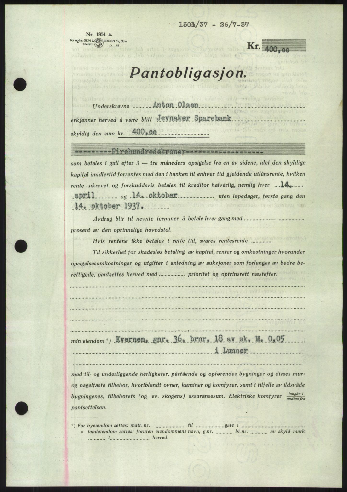 Hadeland og Land tingrett, AV/SAH-TING-010/H/Hb/Hbc/L0002: Pantebok nr. B2, 1936-1937, Dagboknr: 1501/1937