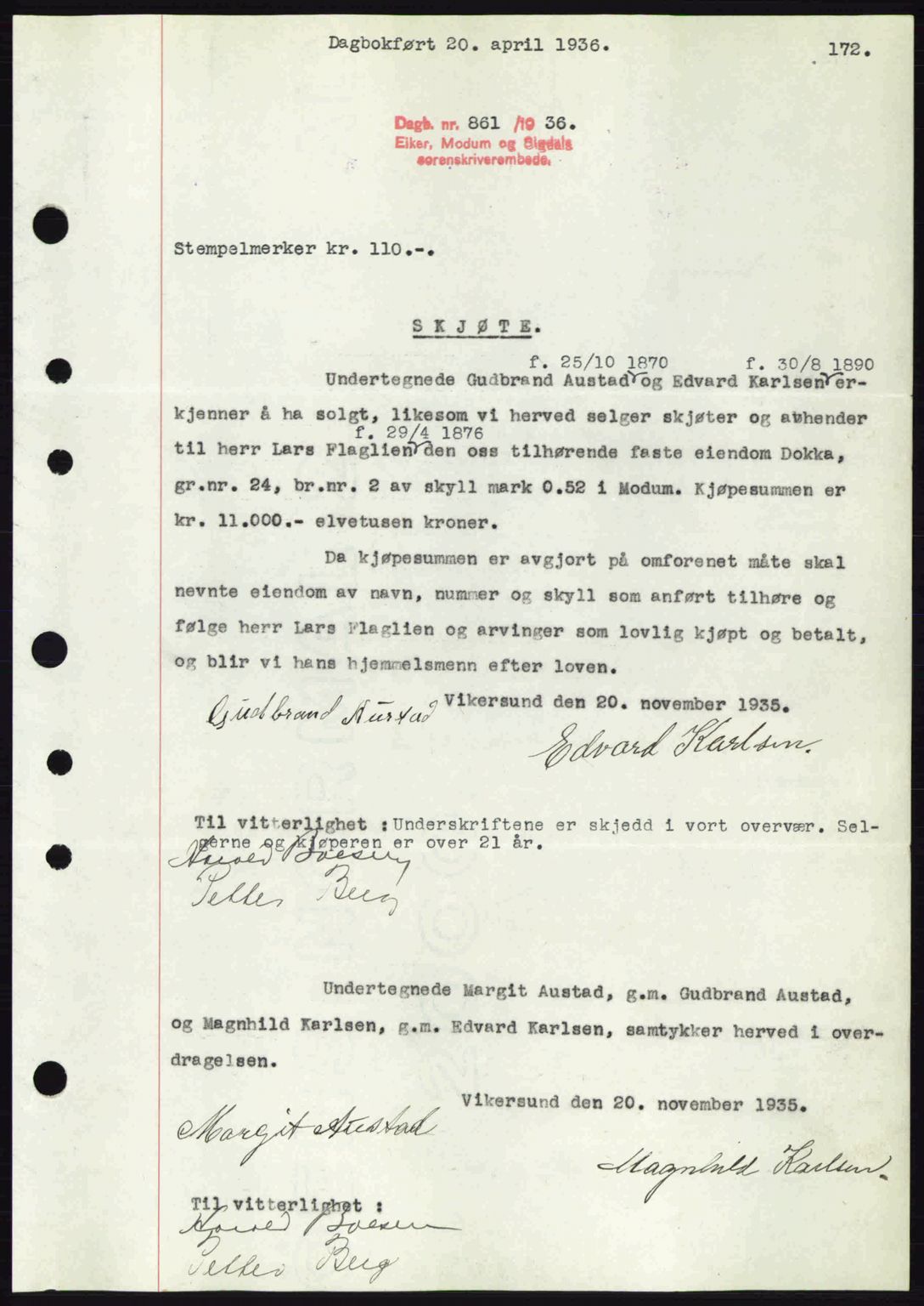 Eiker, Modum og Sigdal sorenskriveri, SAKO/A-123/G/Ga/Gab/L0032: Pantebok nr. A2, 1936-1936, Dagboknr: 861/1936