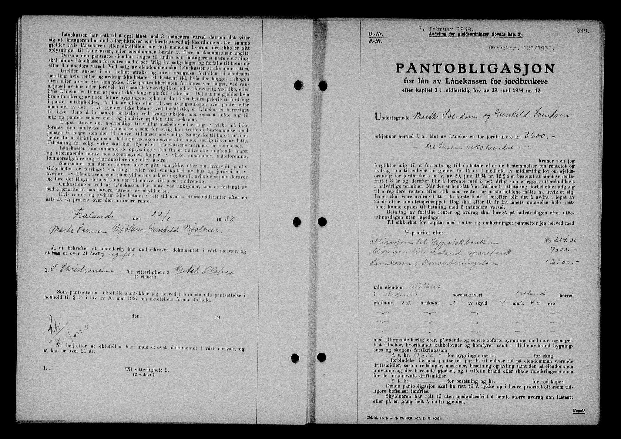 Nedenes sorenskriveri, SAK/1221-0006/G/Gb/Gba/L0044: Pantebok nr. 40, 1937-1938, Dagboknr: 123/1938