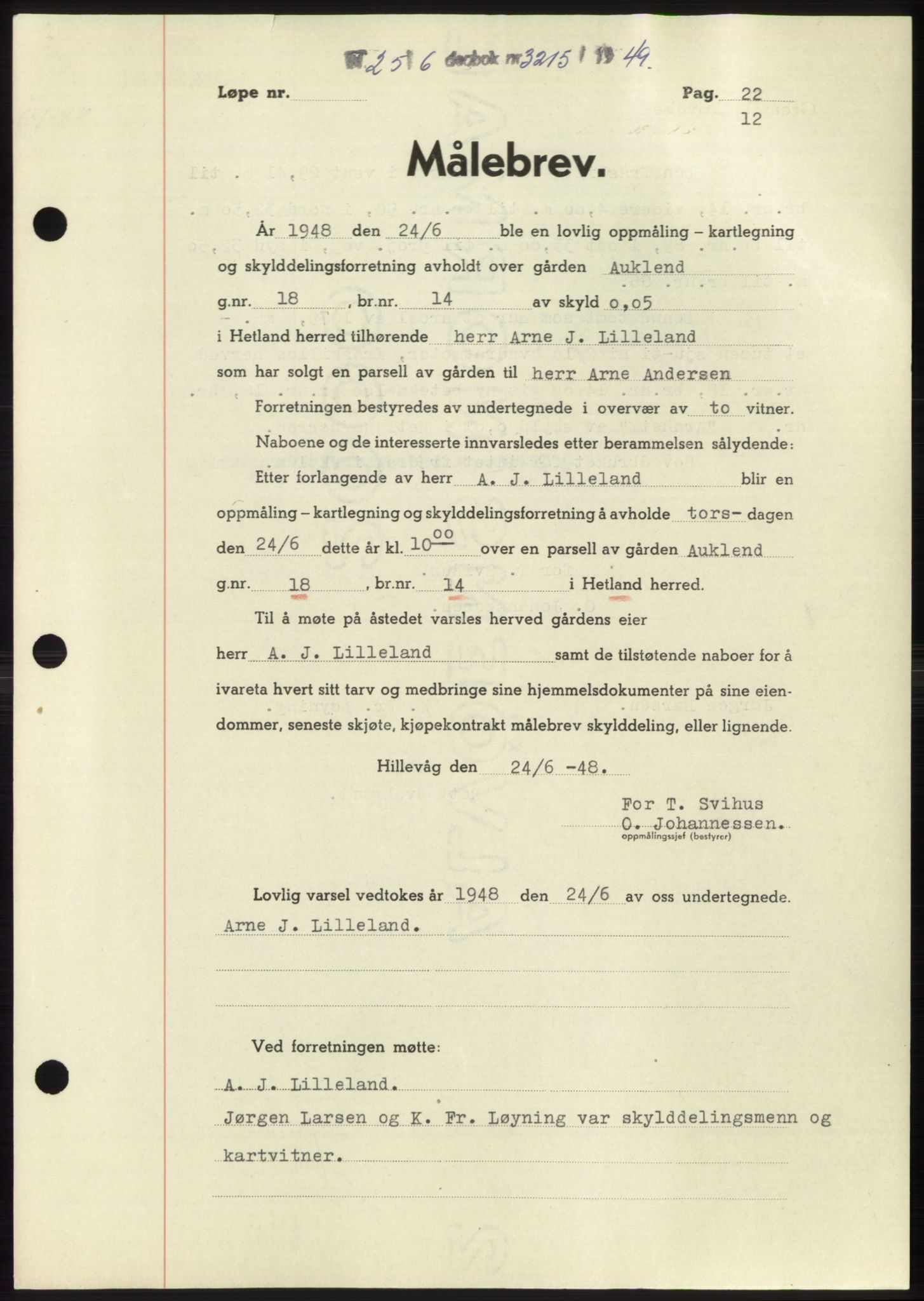Jæren sorenskriveri, SAST/A-100310/03/G/Gba/L0103: Pantebok, 1949-1949, Dagboknr: 3215/1949