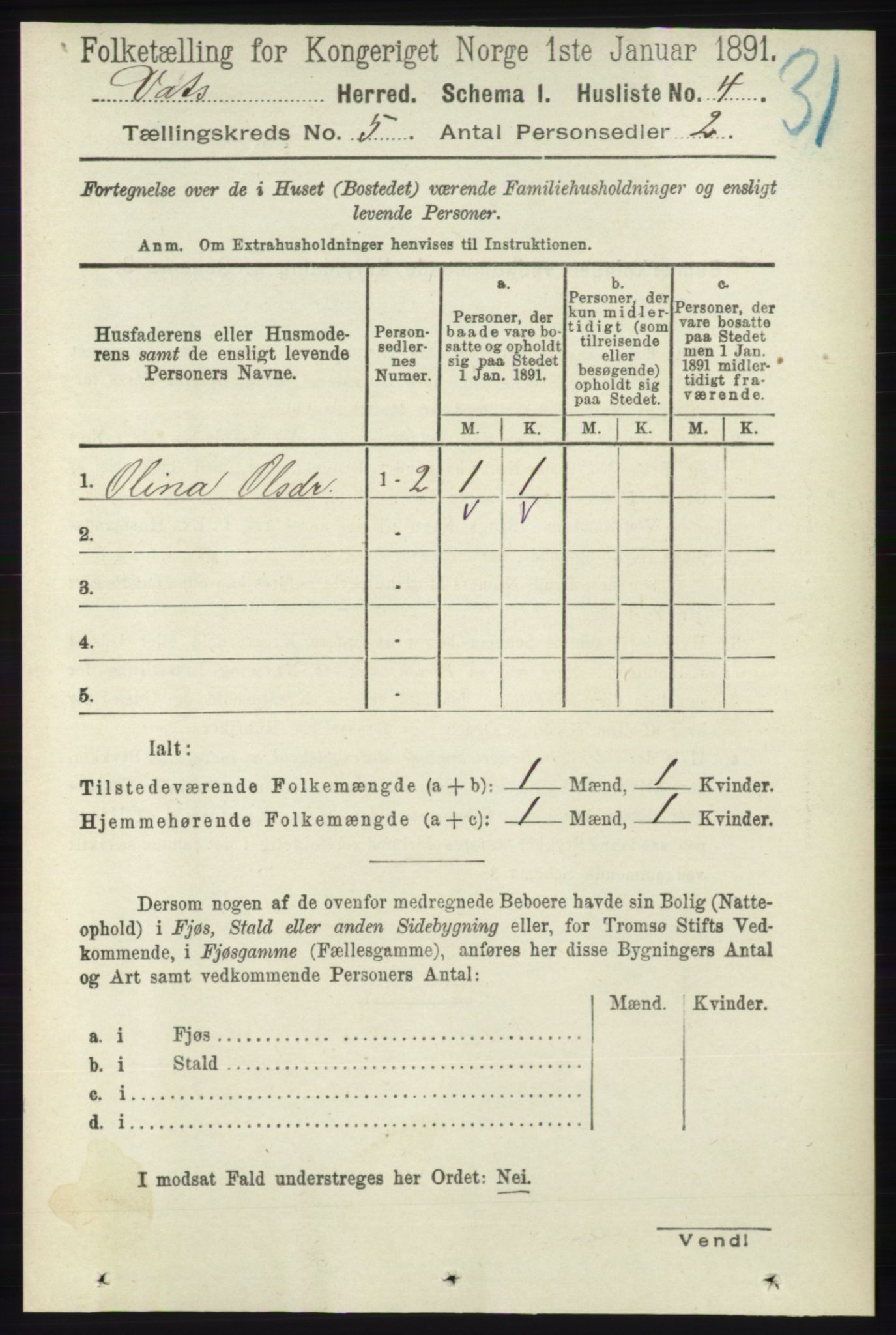 RA, Folketelling 1891 for 1155 Vats herred, 1891, s. 700