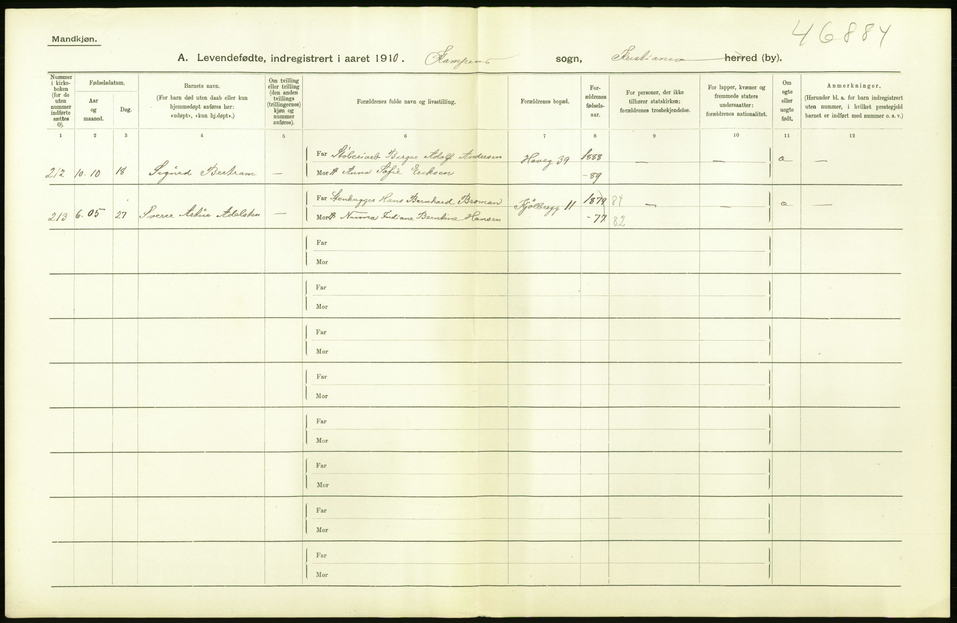 Statistisk sentralbyrå, Sosiodemografiske emner, Befolkning, RA/S-2228/D/Df/Dfa/Dfah/L0006: Kristiania: Levendefødte menn., 1910, s. 312