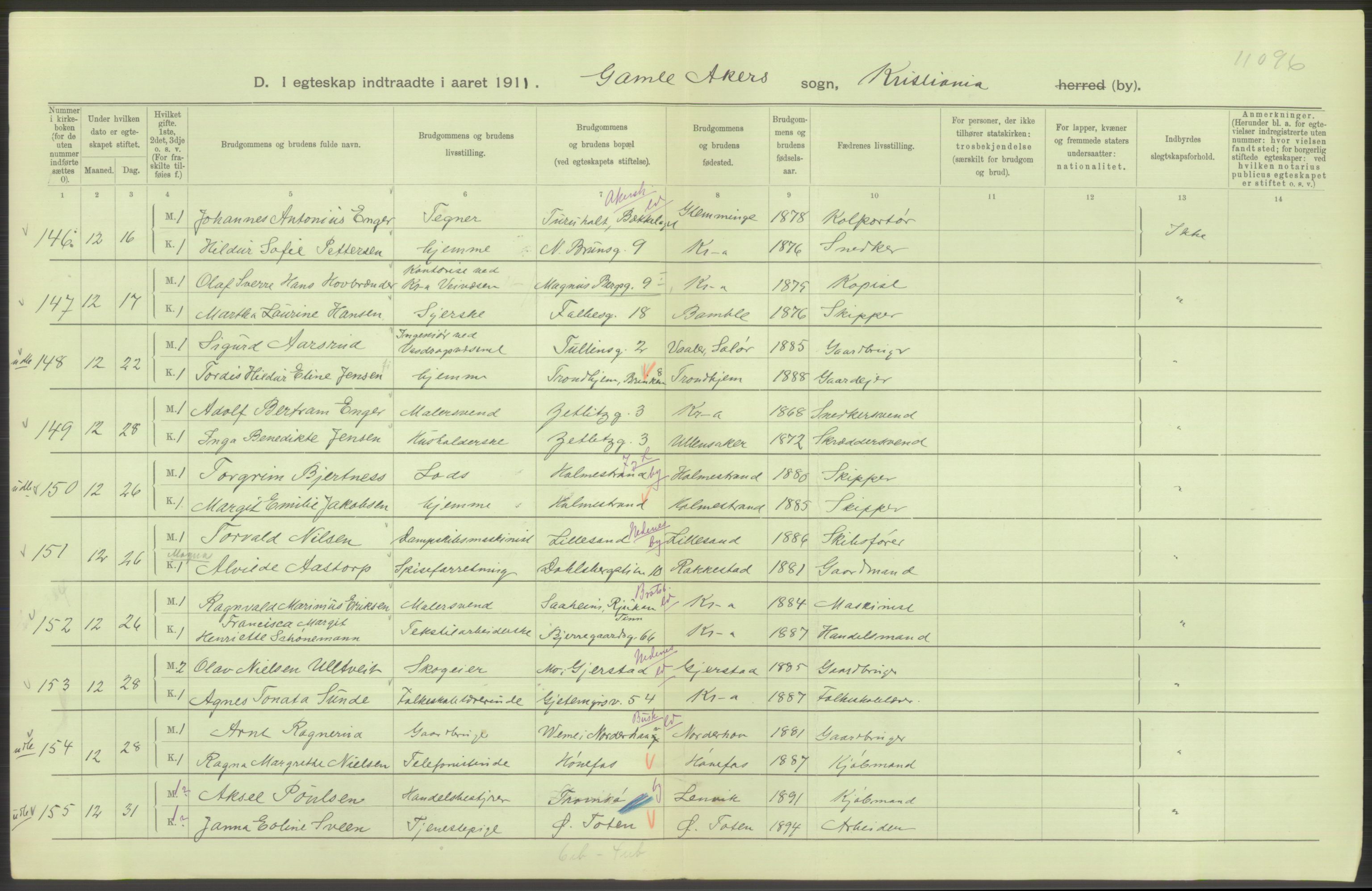 Statistisk sentralbyrå, Sosiodemografiske emner, Befolkning, AV/RA-S-2228/D/Df/Dfb/Dfba/L0008: Kristiania: Gifte, 1911, s. 656