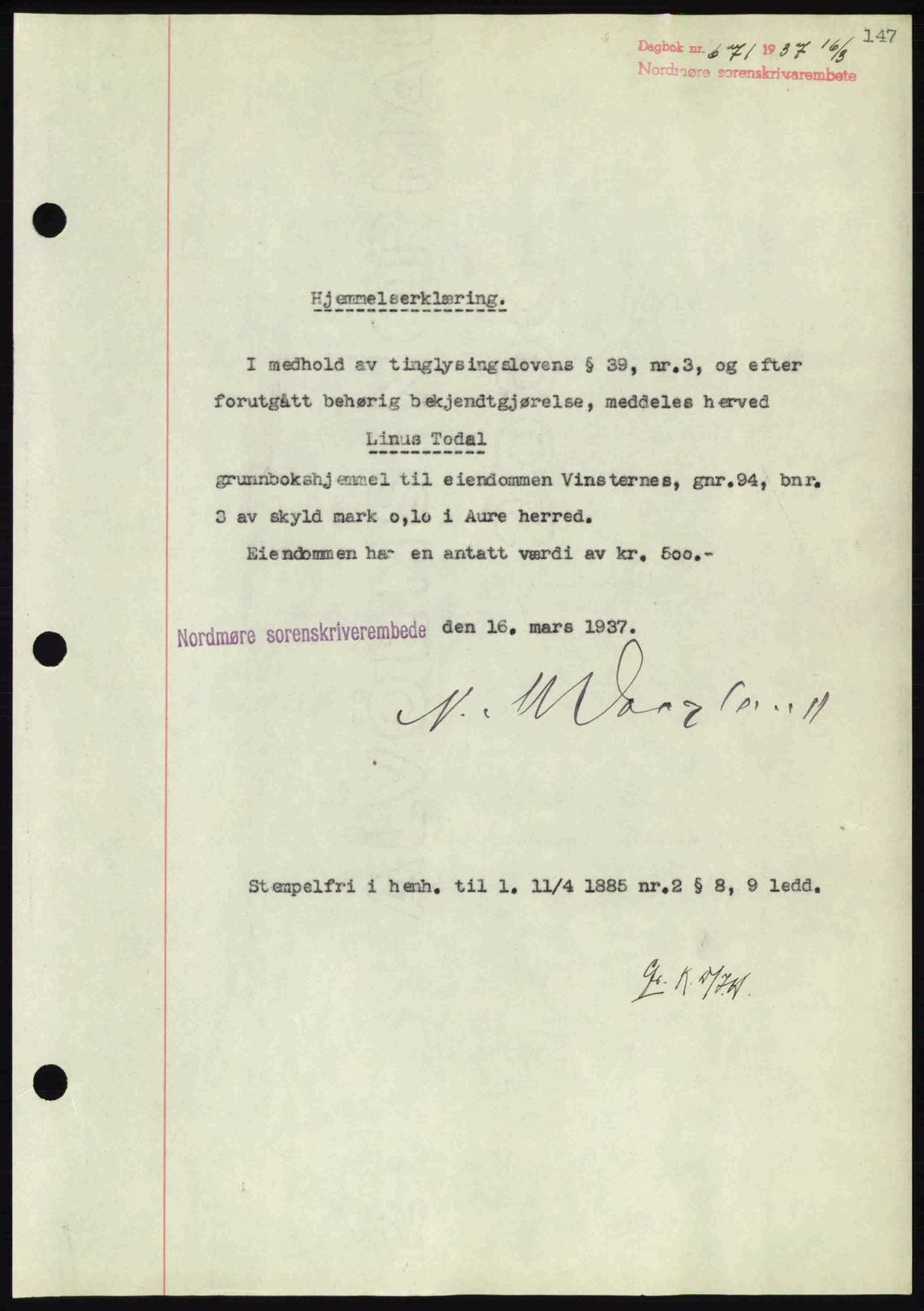 Nordmøre sorenskriveri, SAT/A-4132/1/2/2Ca: Pantebok nr. A81, 1937-1937, Dagboknr: 671/1937