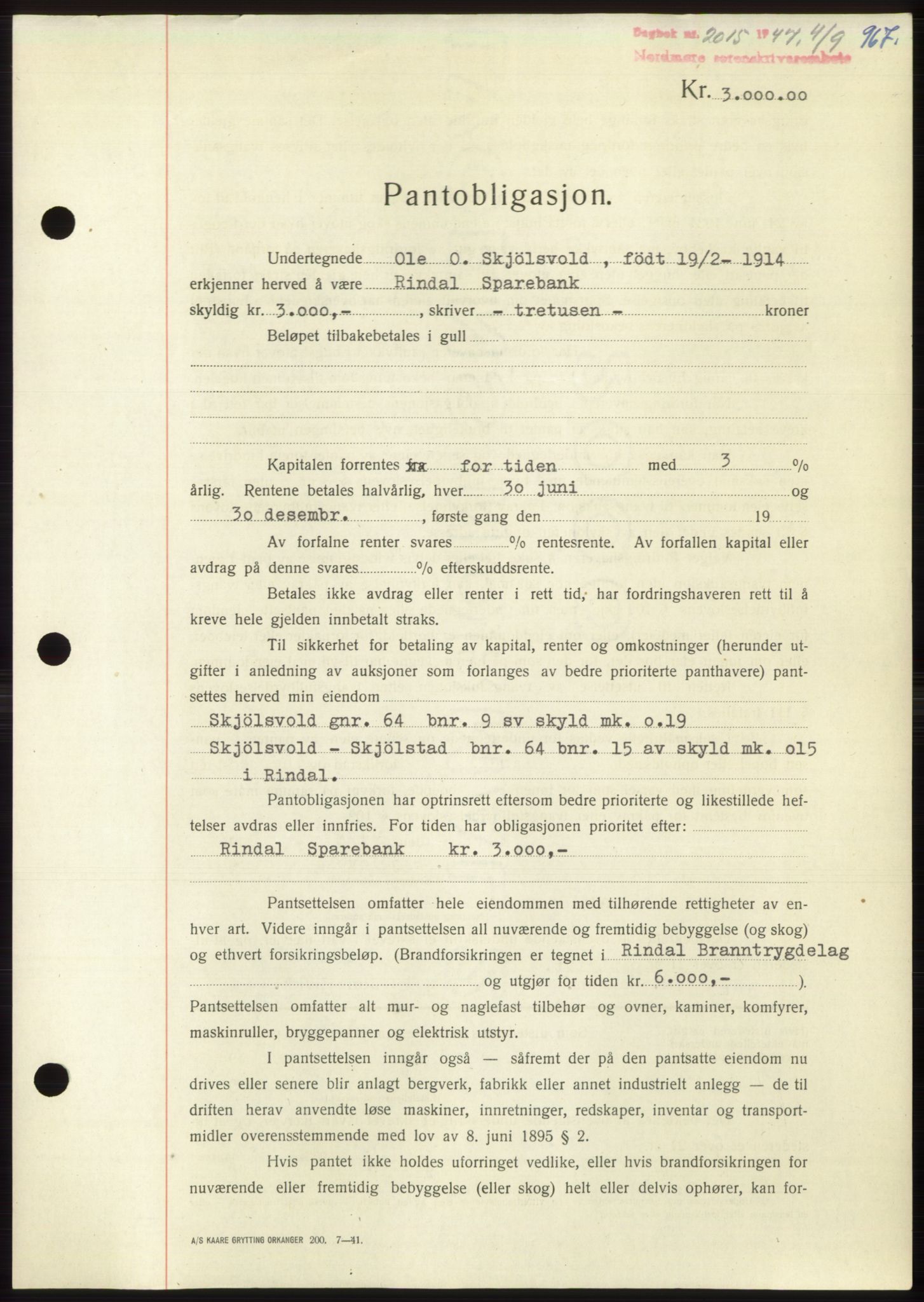 Nordmøre sorenskriveri, SAT/A-4132/1/2/2Ca: Pantebok nr. B96, 1947-1947, Dagboknr: 2015/1947