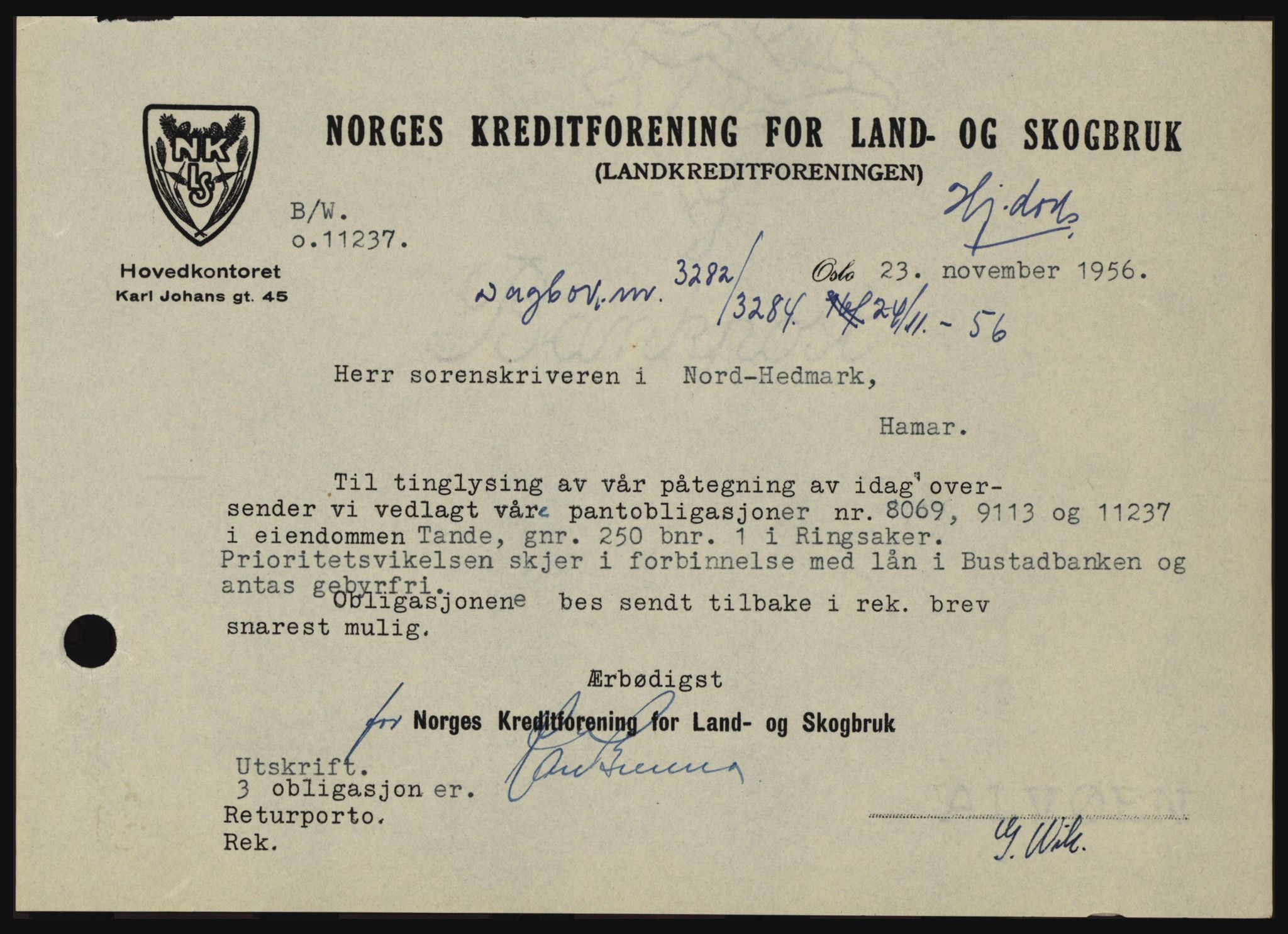 Nord-Hedmark sorenskriveri, SAH/TING-012/H/Hc/L0011: Pantebok nr. 11, 1956-1957, Dagboknr: 3282/1956