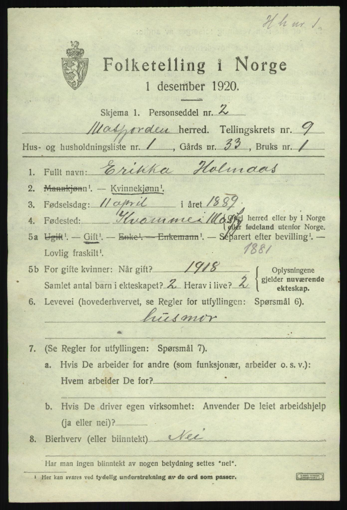 SAB, Folketelling 1920 for 1266 Masfjorden herred, 1920, s. 3405