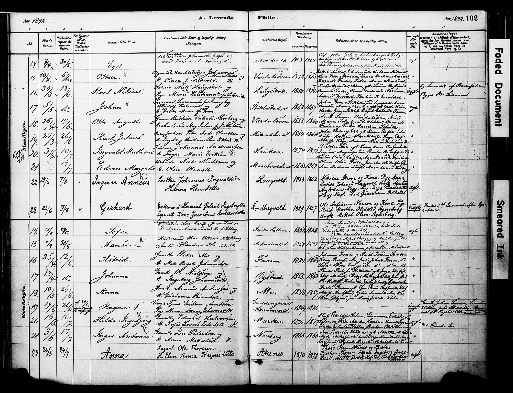 Ministerialprotokoller, klokkerbøker og fødselsregistre - Nord-Trøndelag, AV/SAT-A-1458/723/L0244: Ministerialbok nr. 723A13, 1881-1899, s. 102