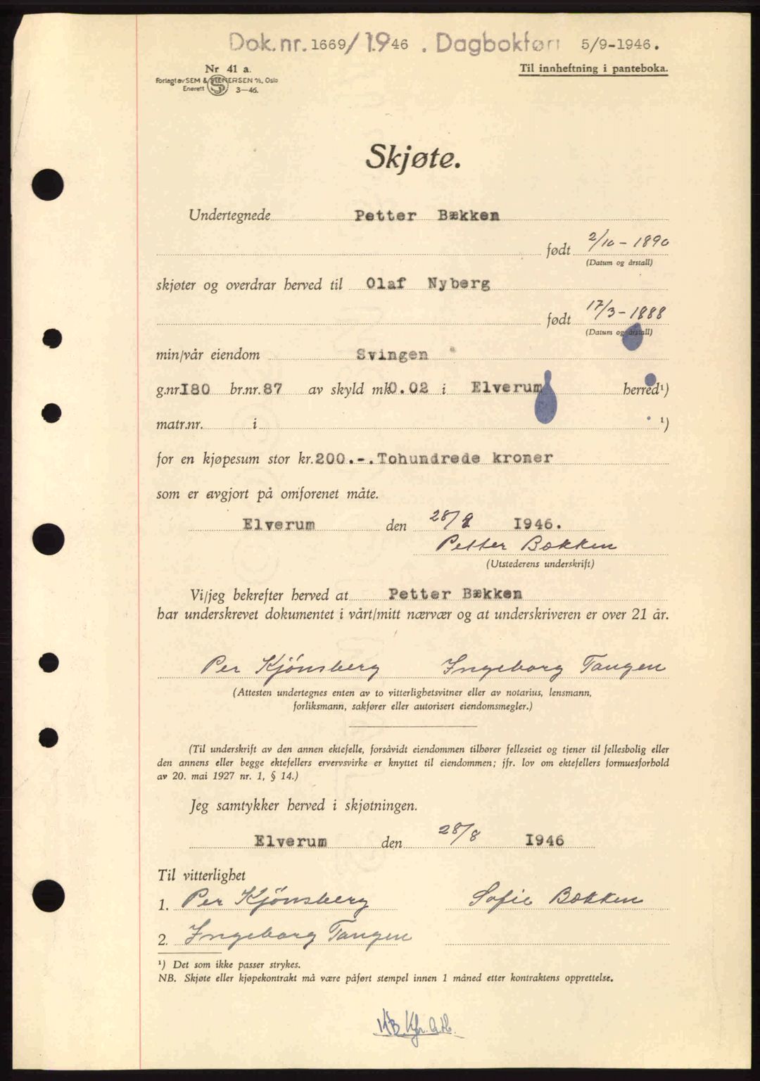 Sør-Østerdal sorenskriveri, AV/SAH-TING-018/H/Hb/Hbb/L0074: Pantebok nr. A74, 1946-1946, Dagboknr: 1669/1946