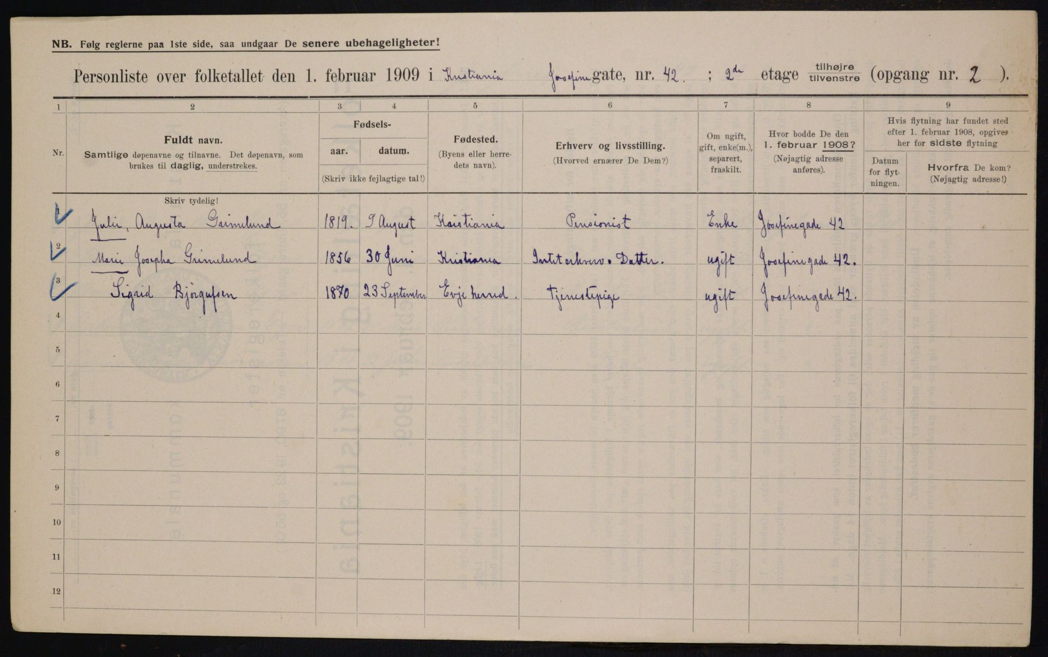 OBA, Kommunal folketelling 1.2.1909 for Kristiania kjøpstad, 1909, s. 43460