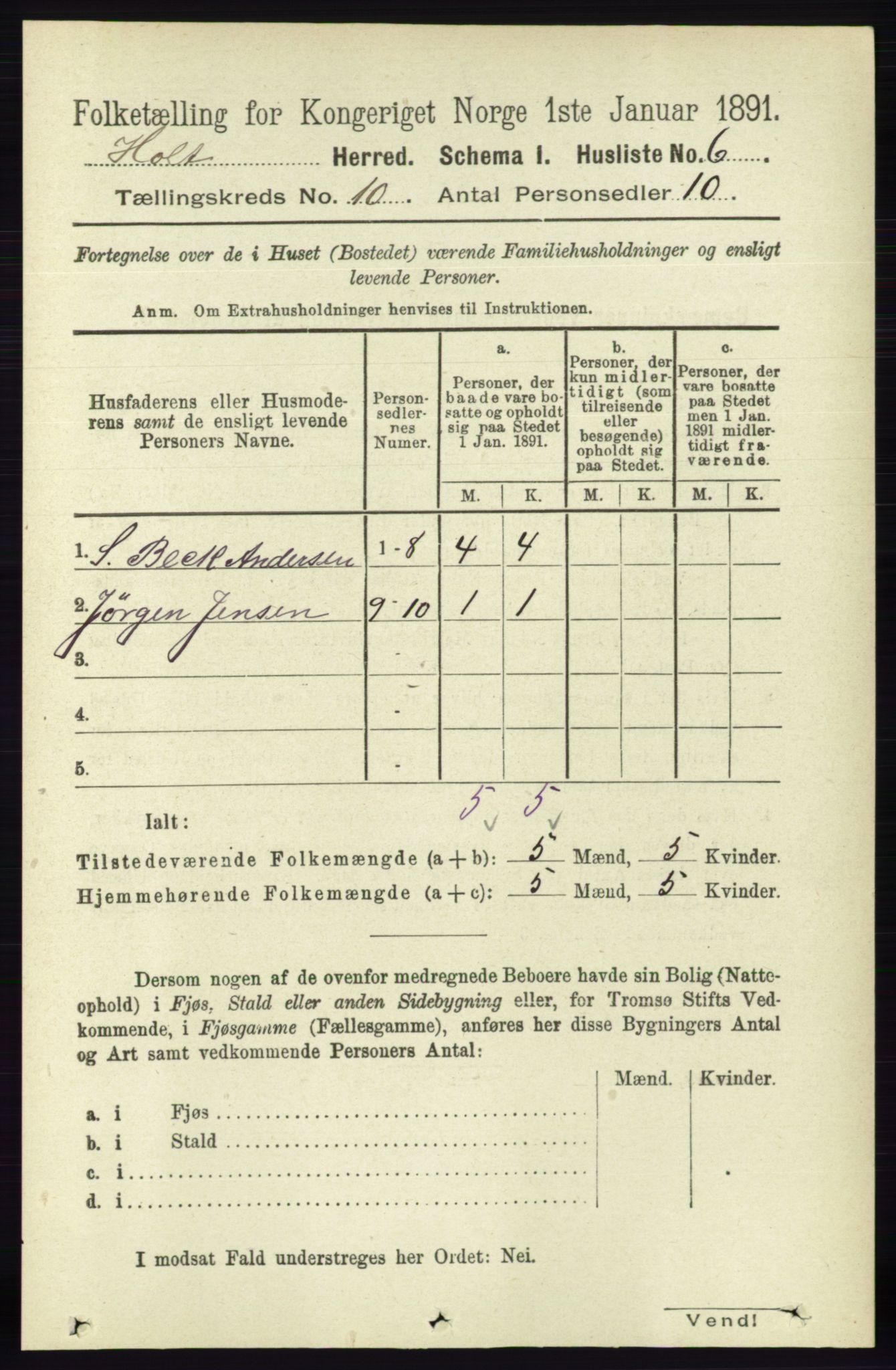 RA, Folketelling 1891 for 0914 Holt herred, 1891, s. 4372