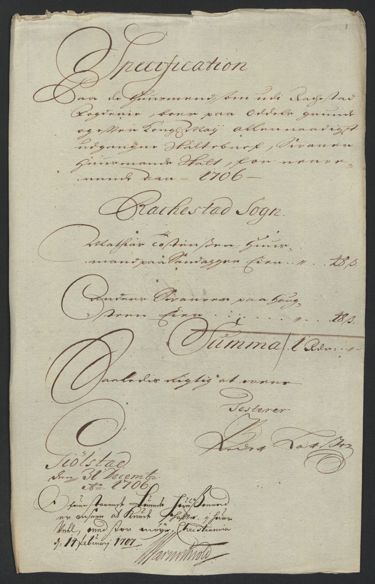 Rentekammeret inntil 1814, Reviderte regnskaper, Fogderegnskap, RA/EA-4092/R07/L0298: Fogderegnskap Rakkestad, Heggen og Frøland, 1706, s. 265