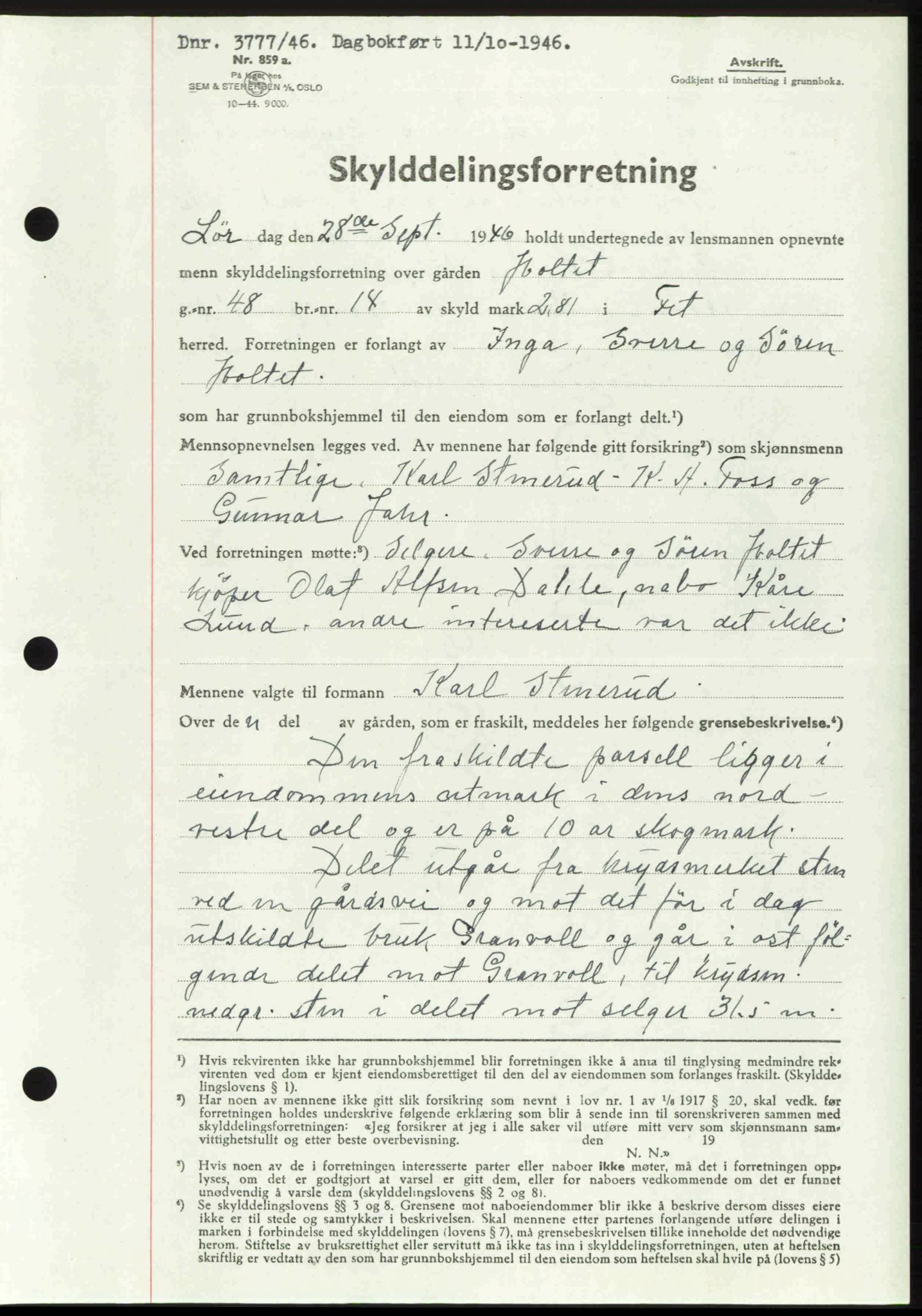 Nedre Romerike sorenskriveri, AV/SAO-A-10469/G/Gb/Gbd/L0017: Pantebok nr. 17, 1946-1946, Dagboknr: 3777/1946
