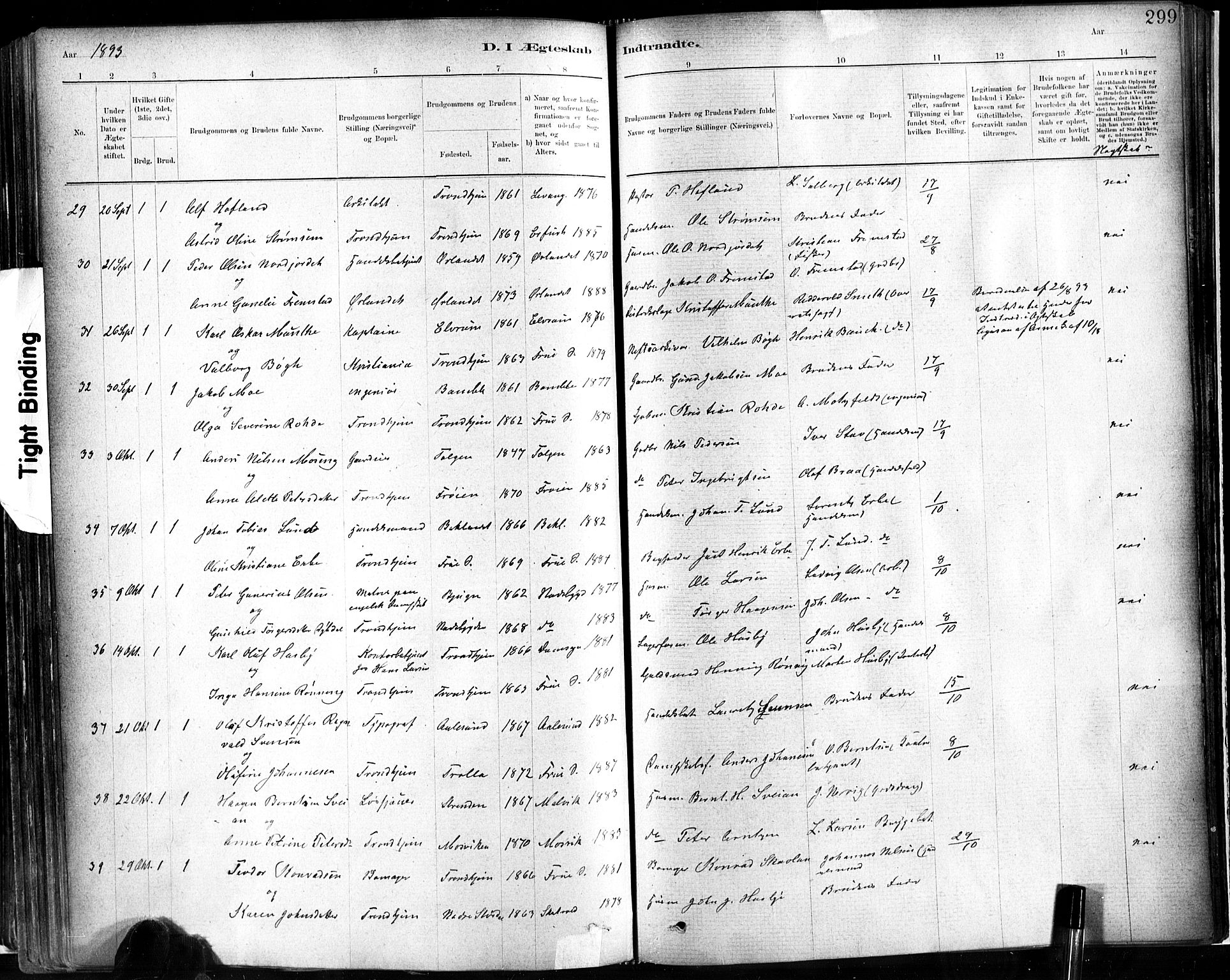 Ministerialprotokoller, klokkerbøker og fødselsregistre - Sør-Trøndelag, SAT/A-1456/602/L0119: Ministerialbok nr. 602A17, 1880-1901, s. 299