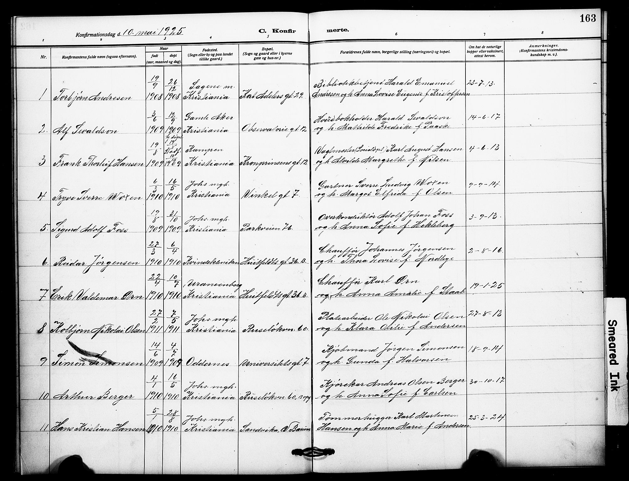 Johannes prestekontor Kirkebøker, AV/SAO-A-10852/F/Fa/L0011: Ministerialbok nr. 11, 1908-1921, s. 163