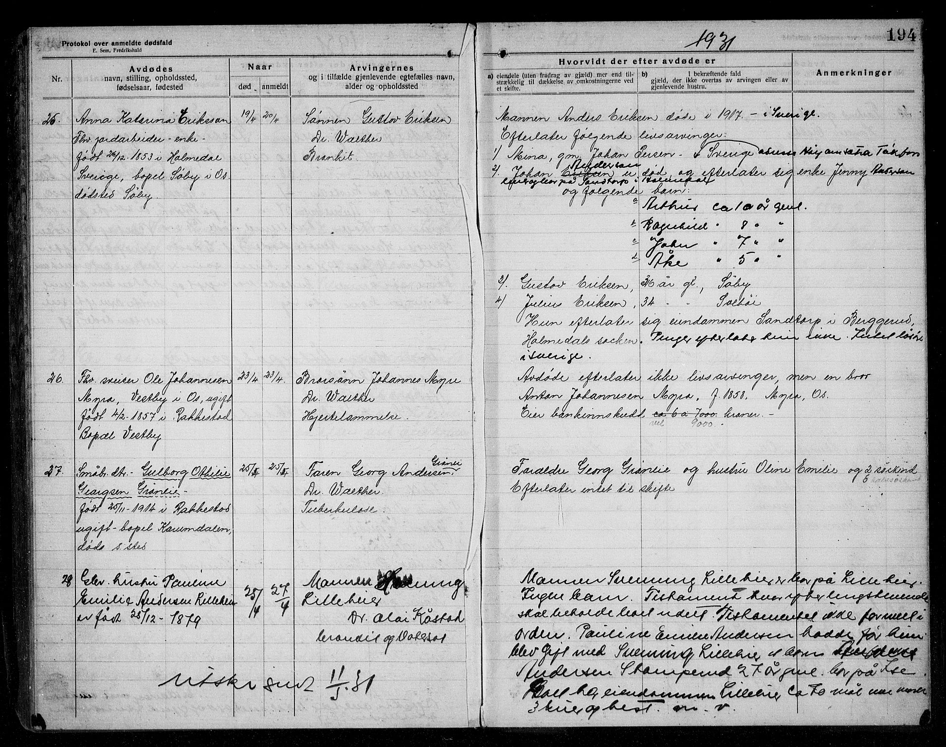Rakkestad lensmannskontor, AV/SAO-A-10004/H/Ha/Haa/L0004: Dødsanmeldelsesprotokoll, 1920-1931, s. 194