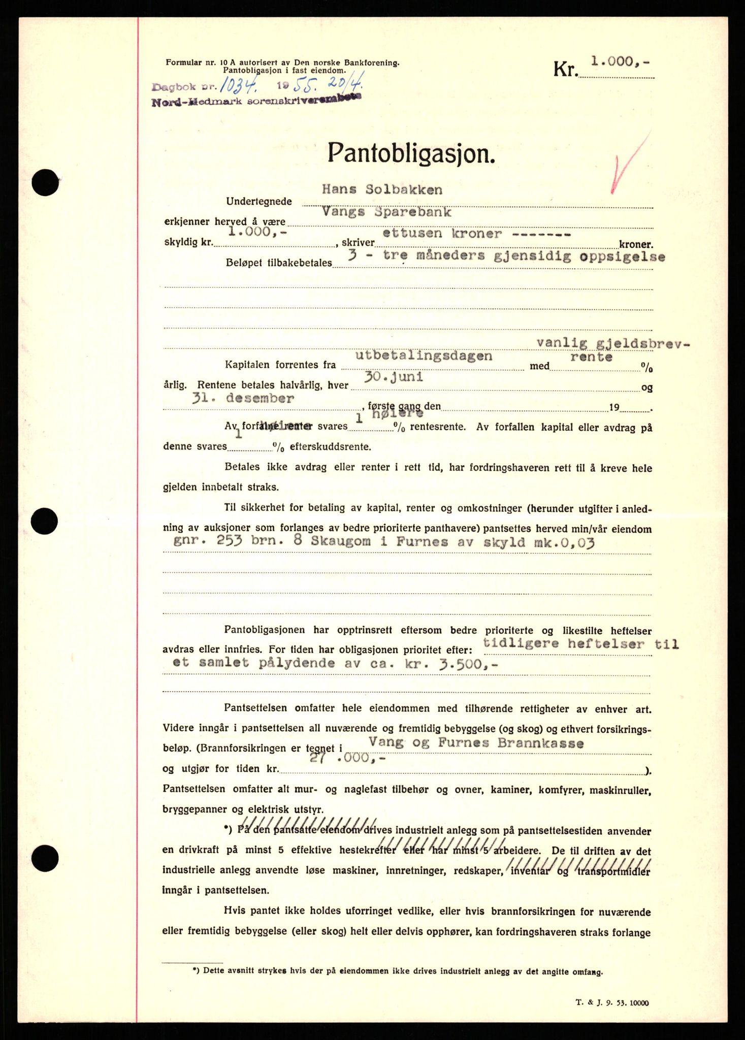 Nord-Hedmark sorenskriveri, SAH/TING-012/H/Hb/Hbf/L0032: Pantebok nr. B32, 1955-1955, Dagboknr: 1034/1952