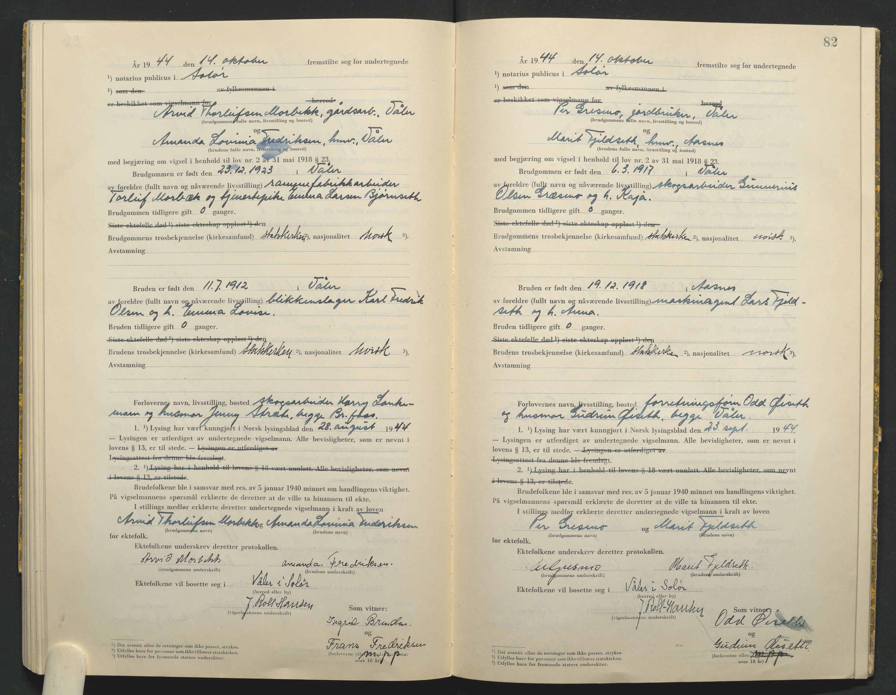 Solør tingrett, AV/SAH-TING-008/L/Lb/L0002: Vigselprotokoll, 1943-1944, s. 82