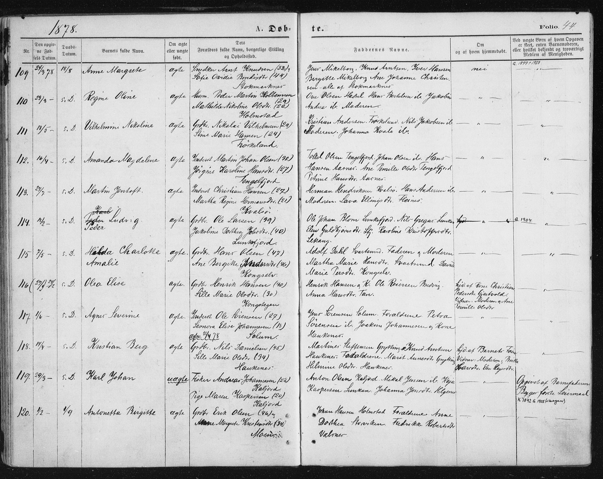 Ministerialprotokoller, klokkerbøker og fødselsregistre - Nordland, AV/SAT-A-1459/888/L1243: Ministerialbok nr. 888A09, 1876-1879, s. 44