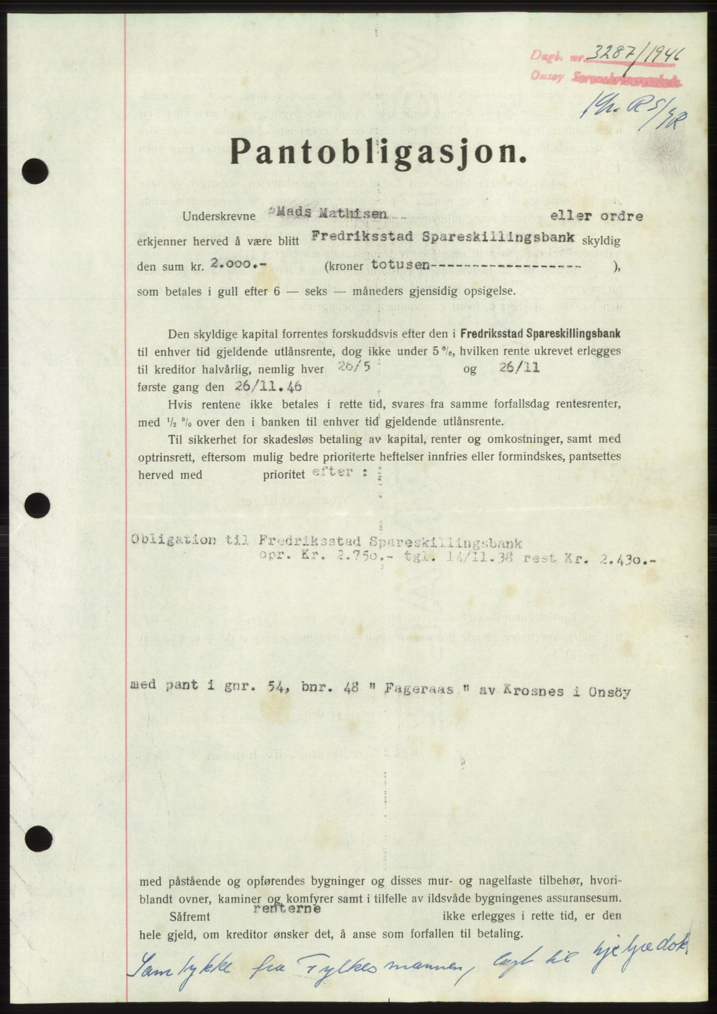 Onsøy sorenskriveri, SAO/A-10474/G/Ga/Gac/L0005: Pantebok nr. B 9-5, 1946-1947, Dagboknr: 3287/1946