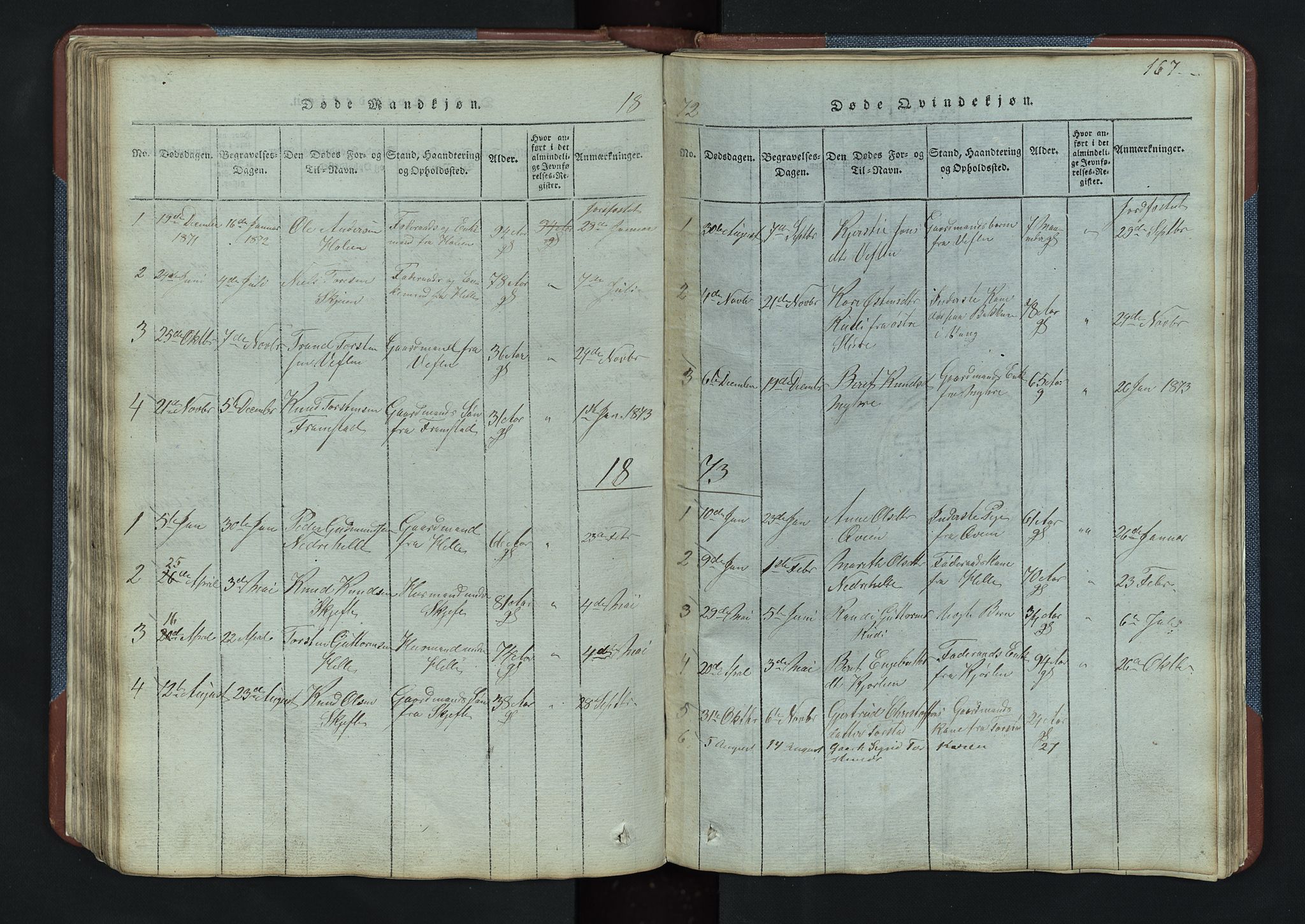 Vang prestekontor, Valdres, AV/SAH-PREST-140/H/Hb/L0003: Klokkerbok nr. 3, 1814-1892, s. 167