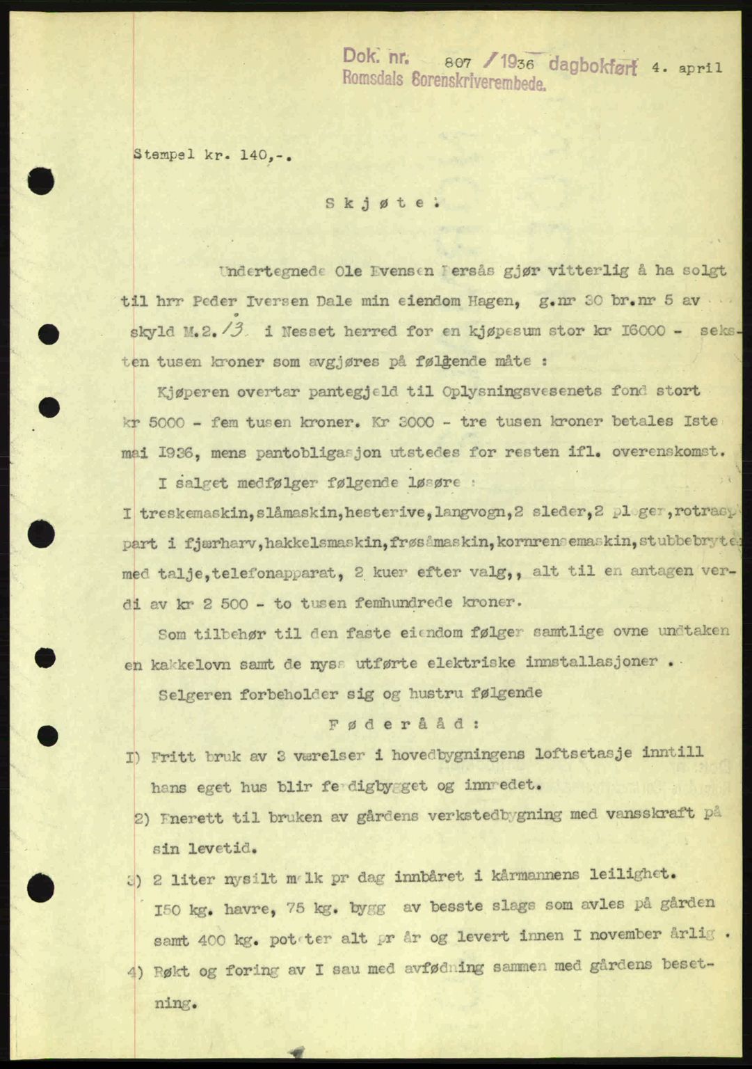 Romsdal sorenskriveri, SAT/A-4149/1/2/2C: Pantebok nr. A1, 1936-1936, Dagboknr: 807/1936