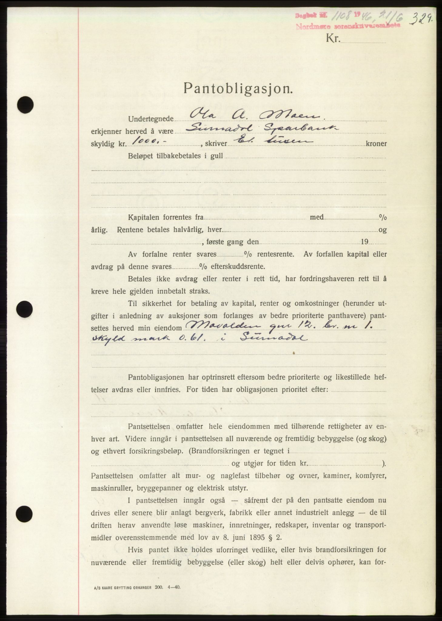 Nordmøre sorenskriveri, SAT/A-4132/1/2/2Ca: Pantebok nr. B94, 1946-1946, Dagboknr: 1108/1946
