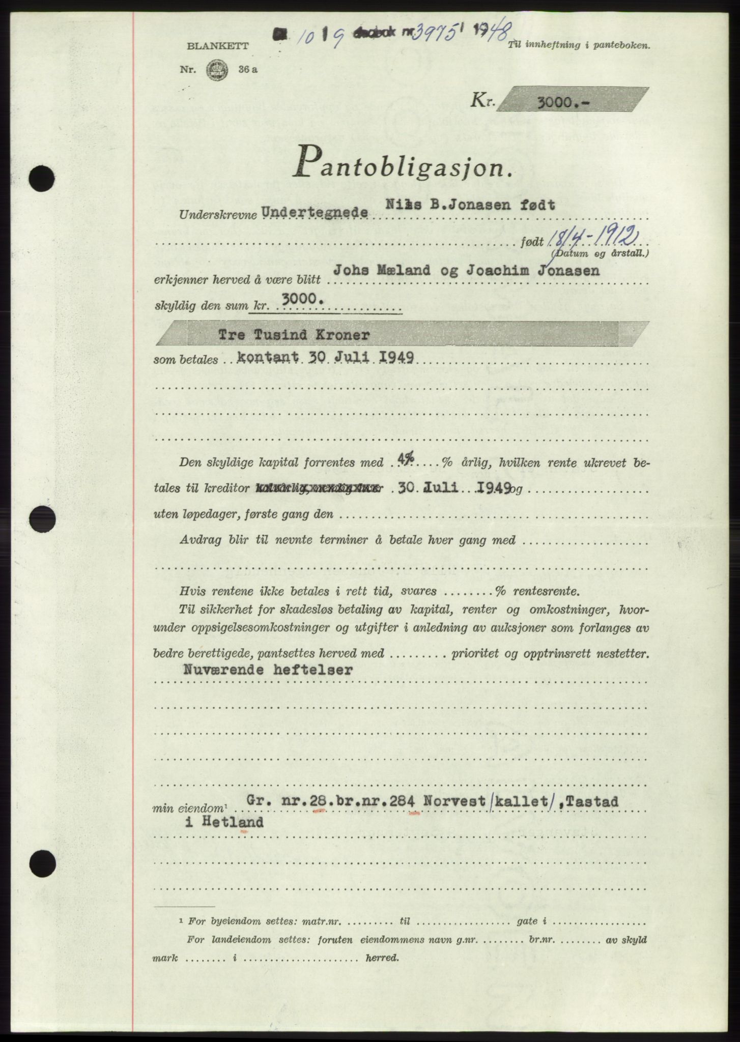 Jæren sorenskriveri, SAST/A-100310/03/G/Gba/L0100: Pantebok, 1948-1948, Dagboknr: 3975/1948