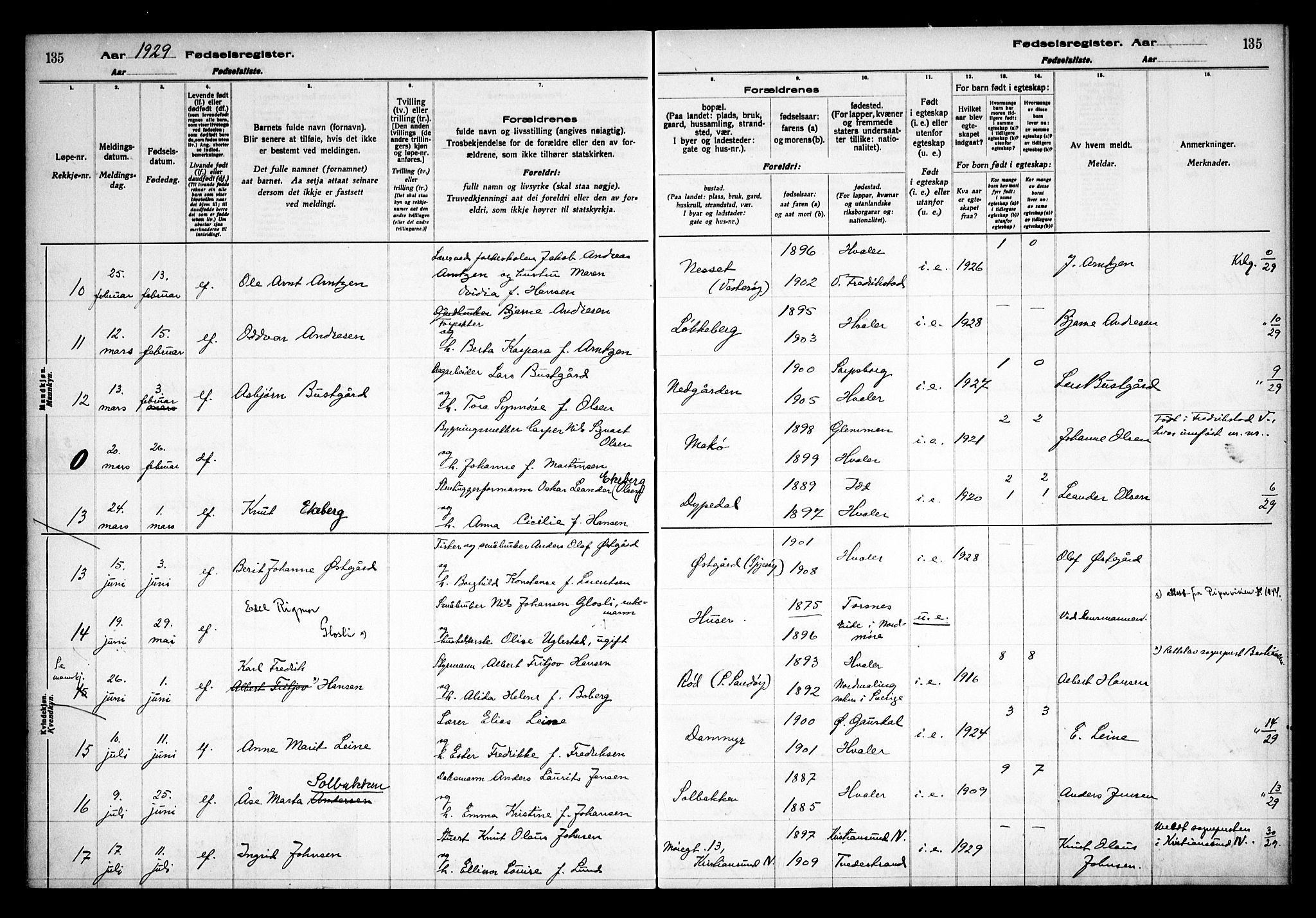 Hvaler prestekontor Kirkebøker, AV/SAO-A-2001/J/Ja/L0001: Fødselsregister nr. I 1, 1916-1938, s. 135