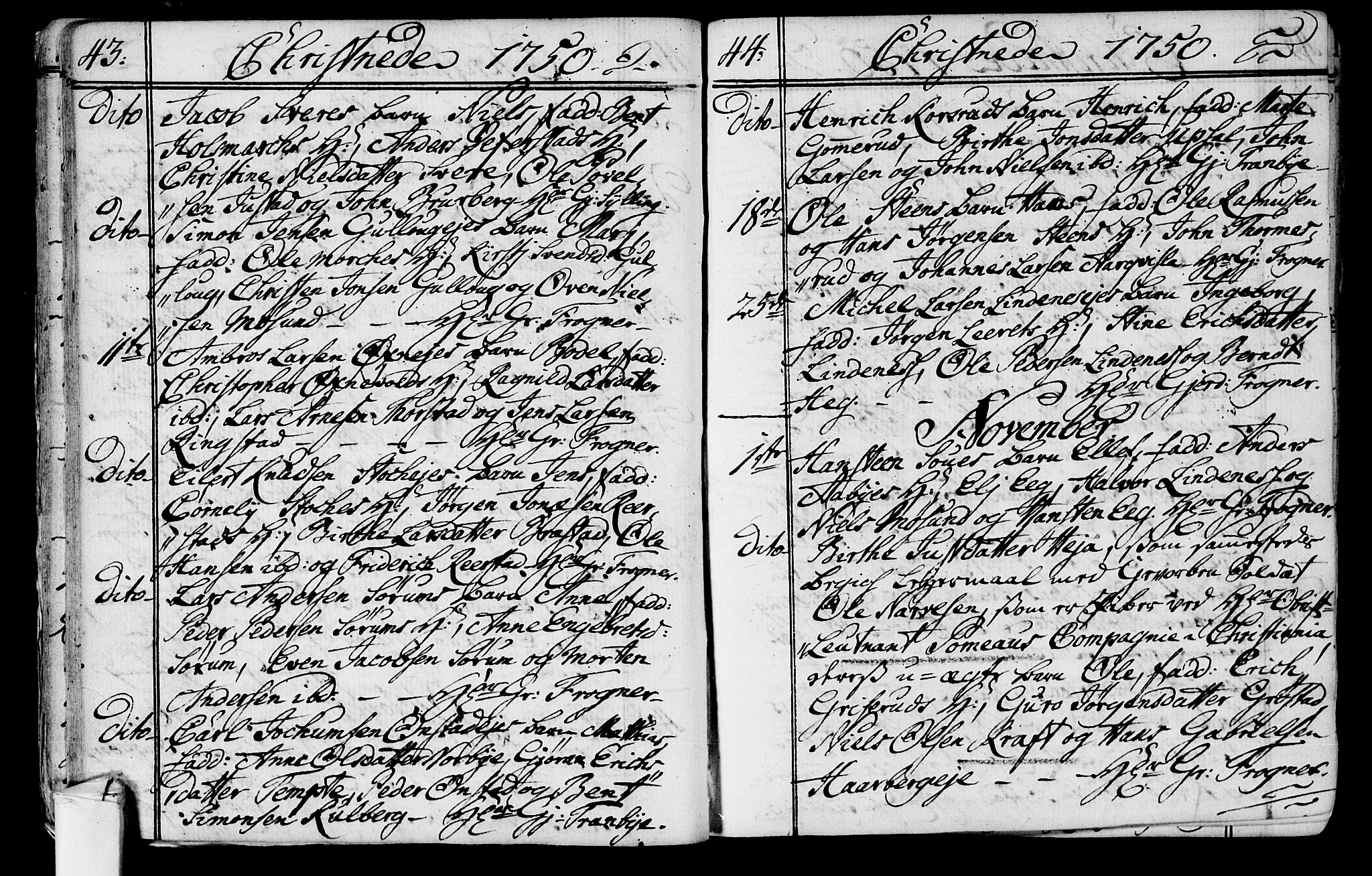 Lier kirkebøker, AV/SAKO-A-230/F/Fa/L0004: Ministerialbok nr. I 4, 1749-1764, s. 43-44