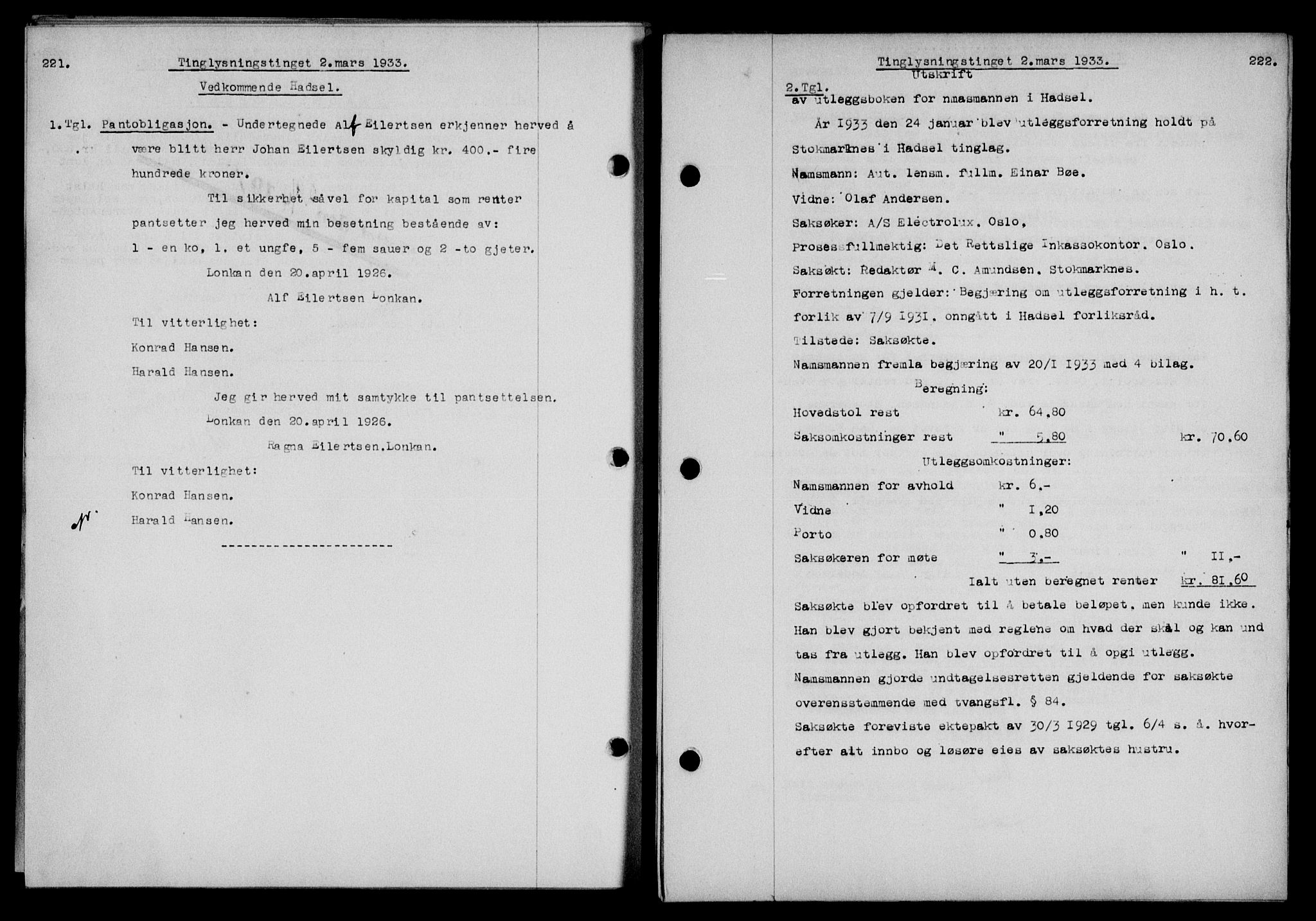 Vesterålen sorenskriveri, SAT/A-4180/1/2/2Ca/L0057: Pantebok nr. 50, 1933-1933, Tingl.dato: 02.03.1933