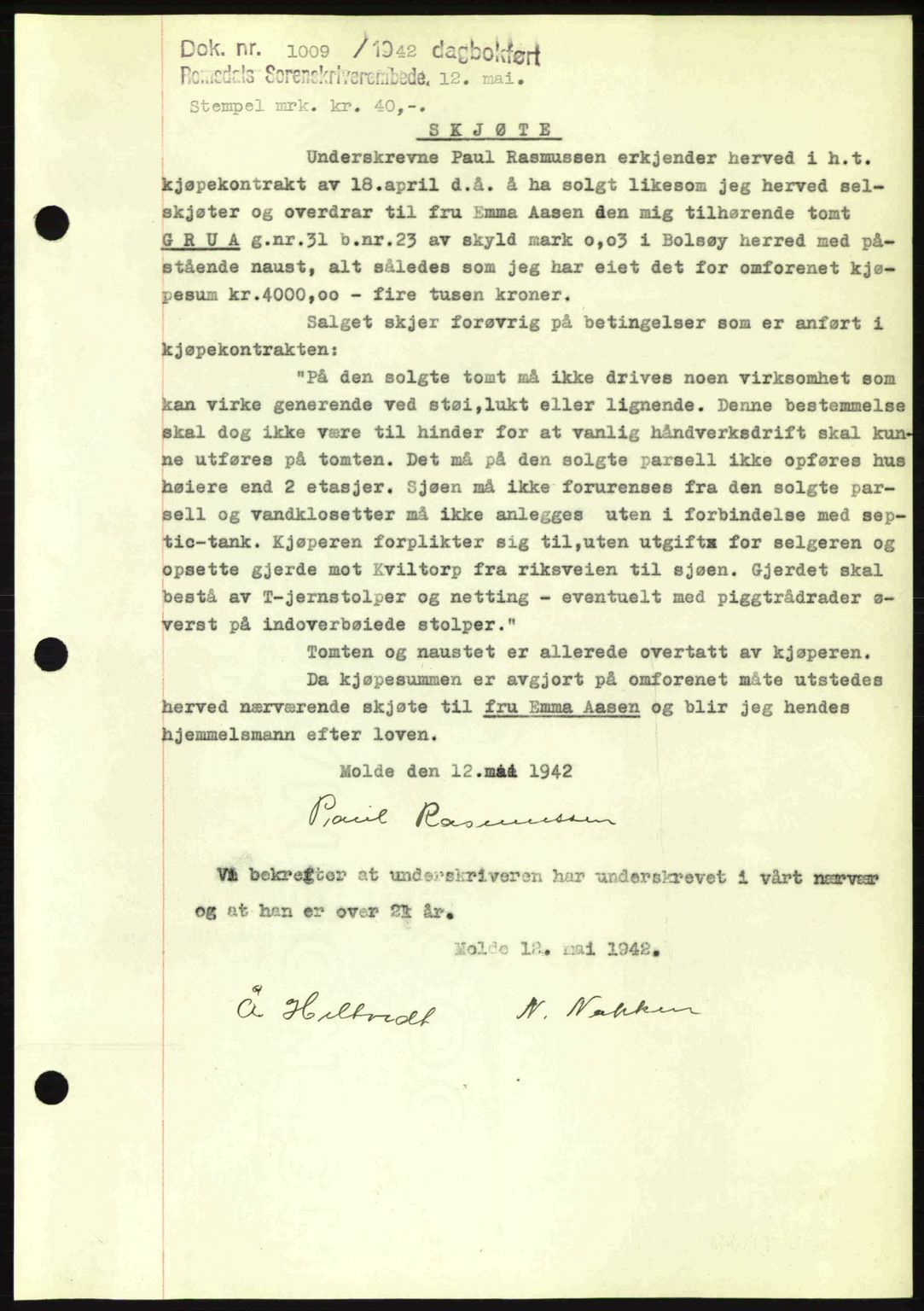 Romsdal sorenskriveri, SAT/A-4149/1/2/2C: Pantebok nr. A12, 1942-1942, Dagboknr: 1009/1942