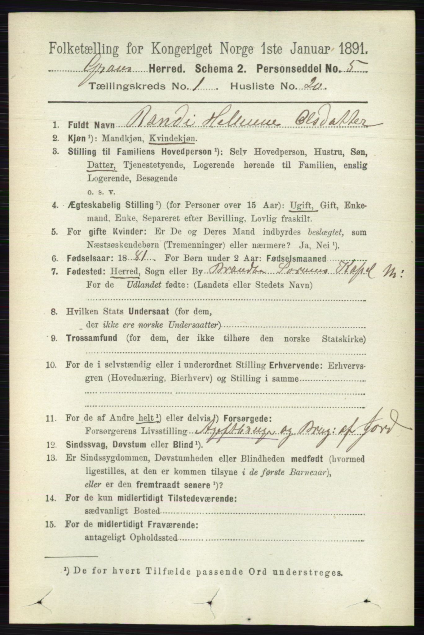 RA, Folketelling 1891 for 0534 Gran herred, 1891, s. 187