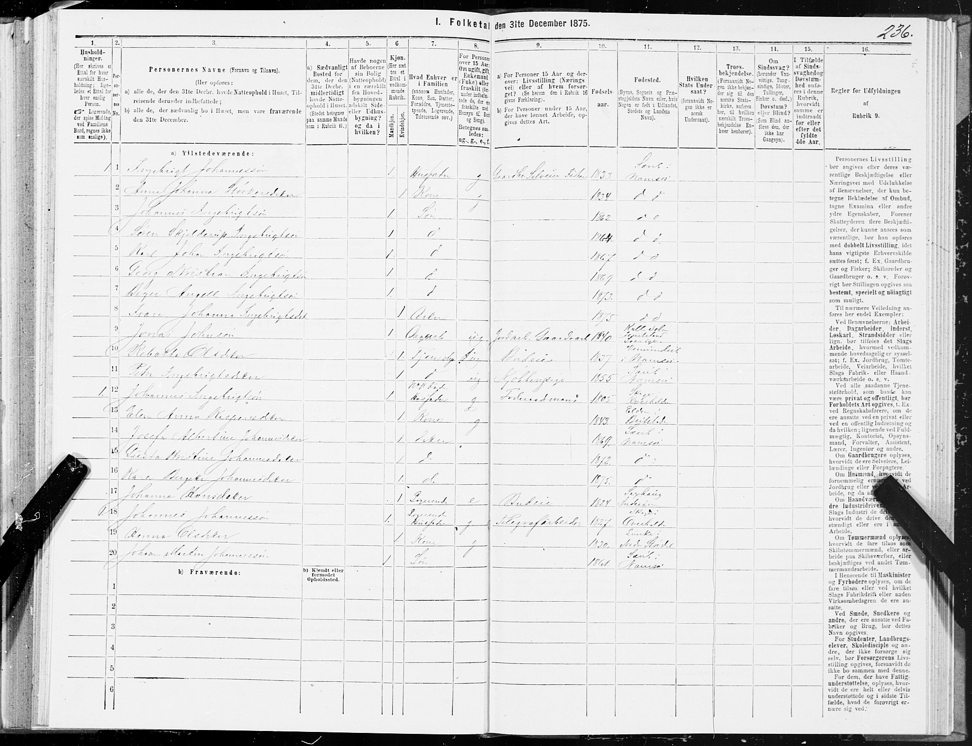 SAT, Folketelling 1875 for 1745L Namsos prestegjeld, Vemundvik sokn og Sævik sokn, 1875, s. 2236