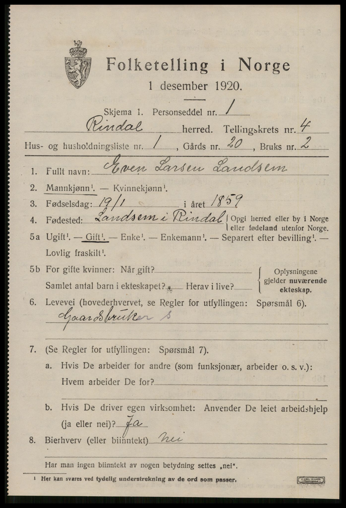 SAT, Folketelling 1920 for 1567 Rindal herred, 1920, s. 2310