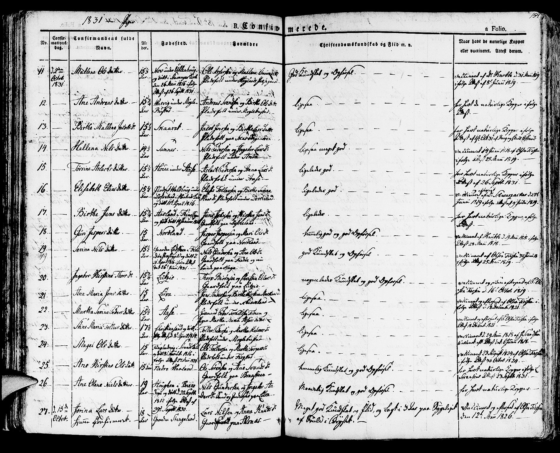 Høyland sokneprestkontor, AV/SAST-A-101799/001/30BA/L0007: Ministerialbok nr. A 7 /1, 1825-1841, s. 154