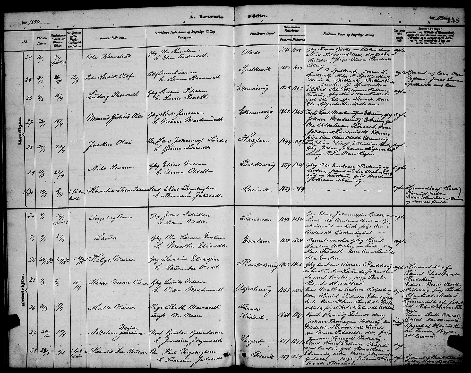 Ministerialprotokoller, klokkerbøker og fødselsregistre - Møre og Romsdal, SAT/A-1454/528/L0431: Klokkerbok nr. 528C12, 1885-1898, s. 158