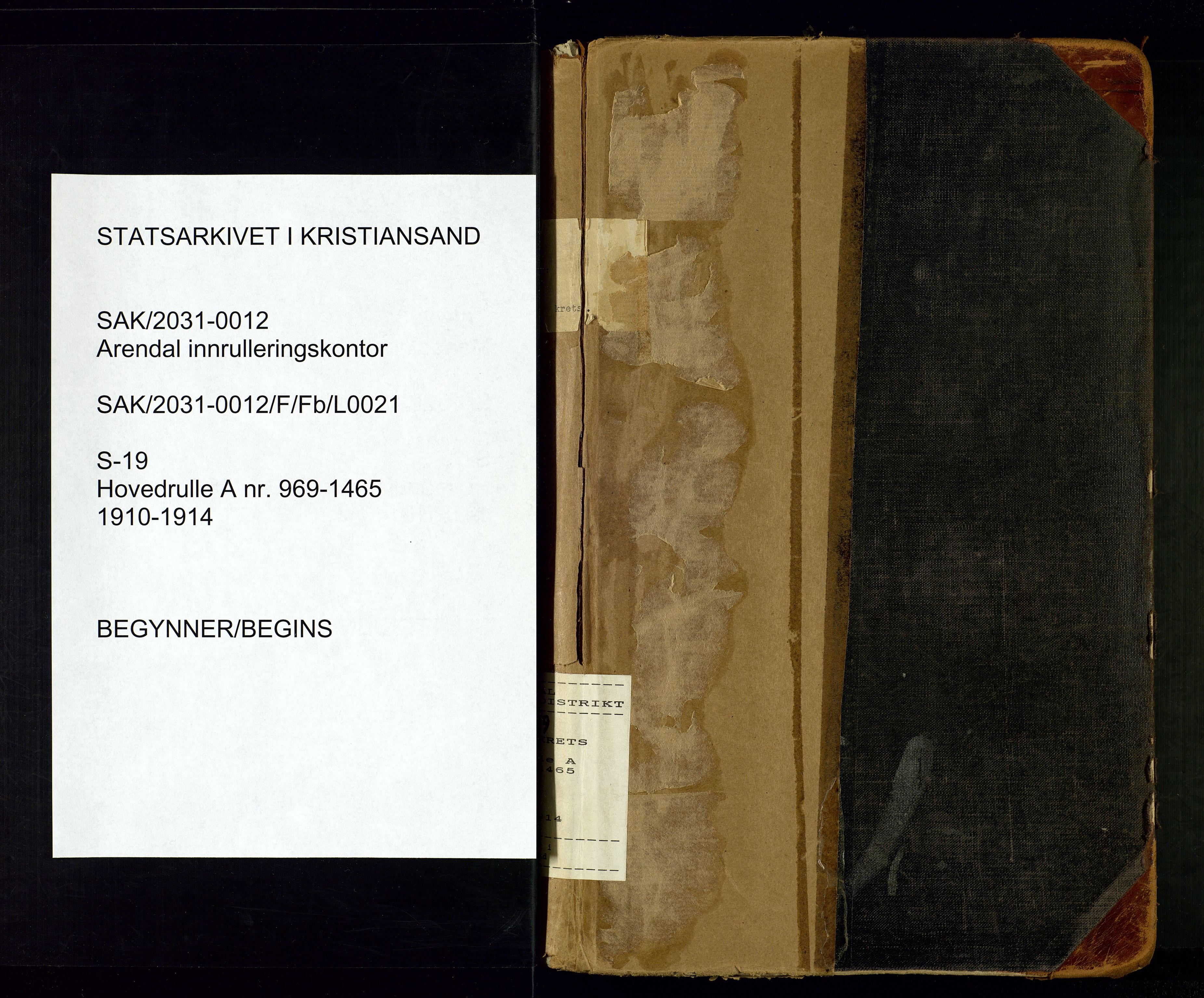 Arendal mønstringskrets, AV/SAK-2031-0012/F/Fb/L0021: Hovedrulle A nr 969-1465, S-19, 1910-1914, s. 1