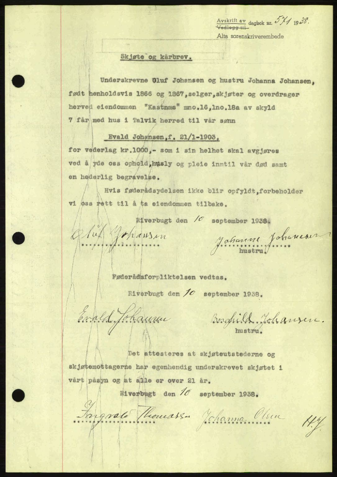 Alta fogderi/sorenskriveri, SATØ/SATØ-5/1/K/Kd/L0031pantebok: Pantebok nr. 31, 1938-1939, Dagboknr: 571/1938